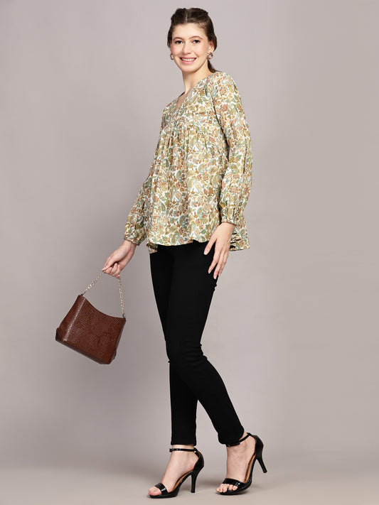 TrendRush Women V-Neck Green Paisley Printed Top