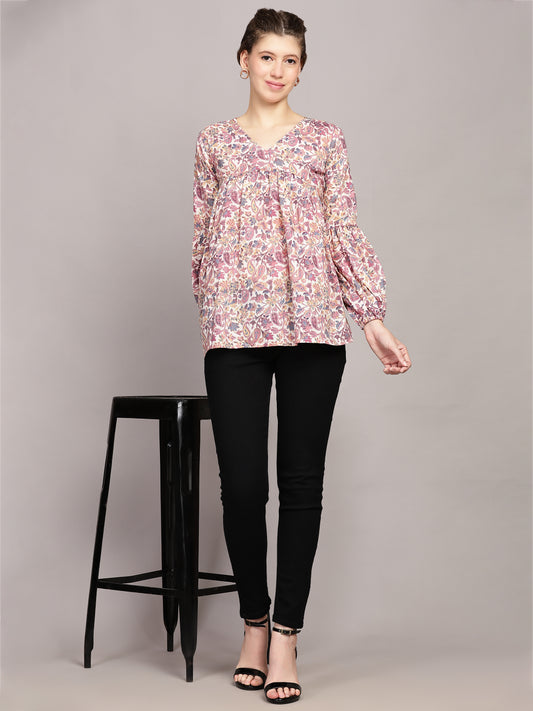 TrendRush Women V-Neck Purple Paisley Printed Top