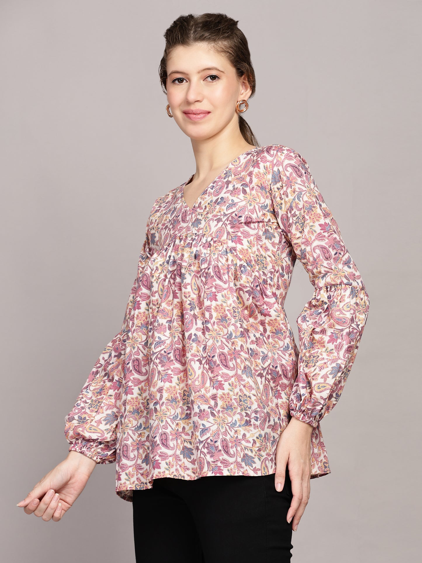 TrendRush Women V-Neck Purple Paisley Printed Top