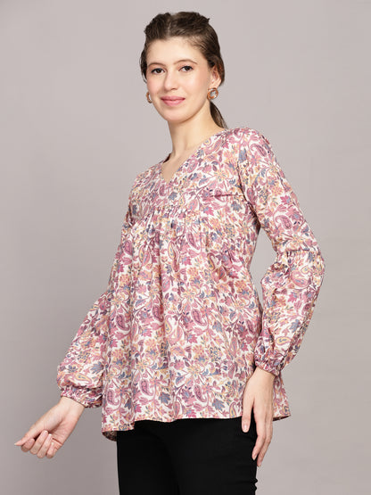 TrendRush Women V-Neck Purple Paisley Printed Top