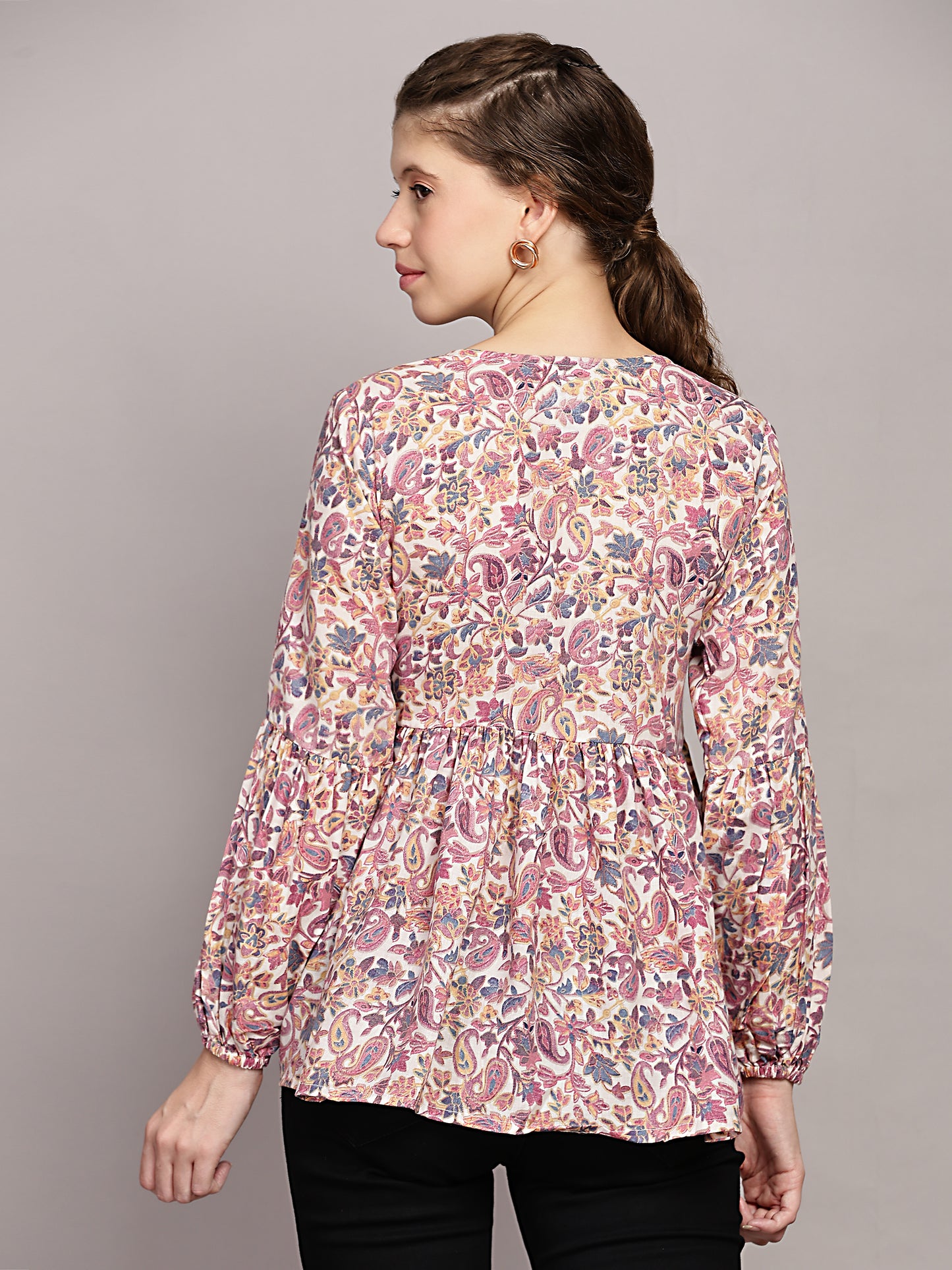 TrendRush Women V-Neck Purple Paisley Printed Top