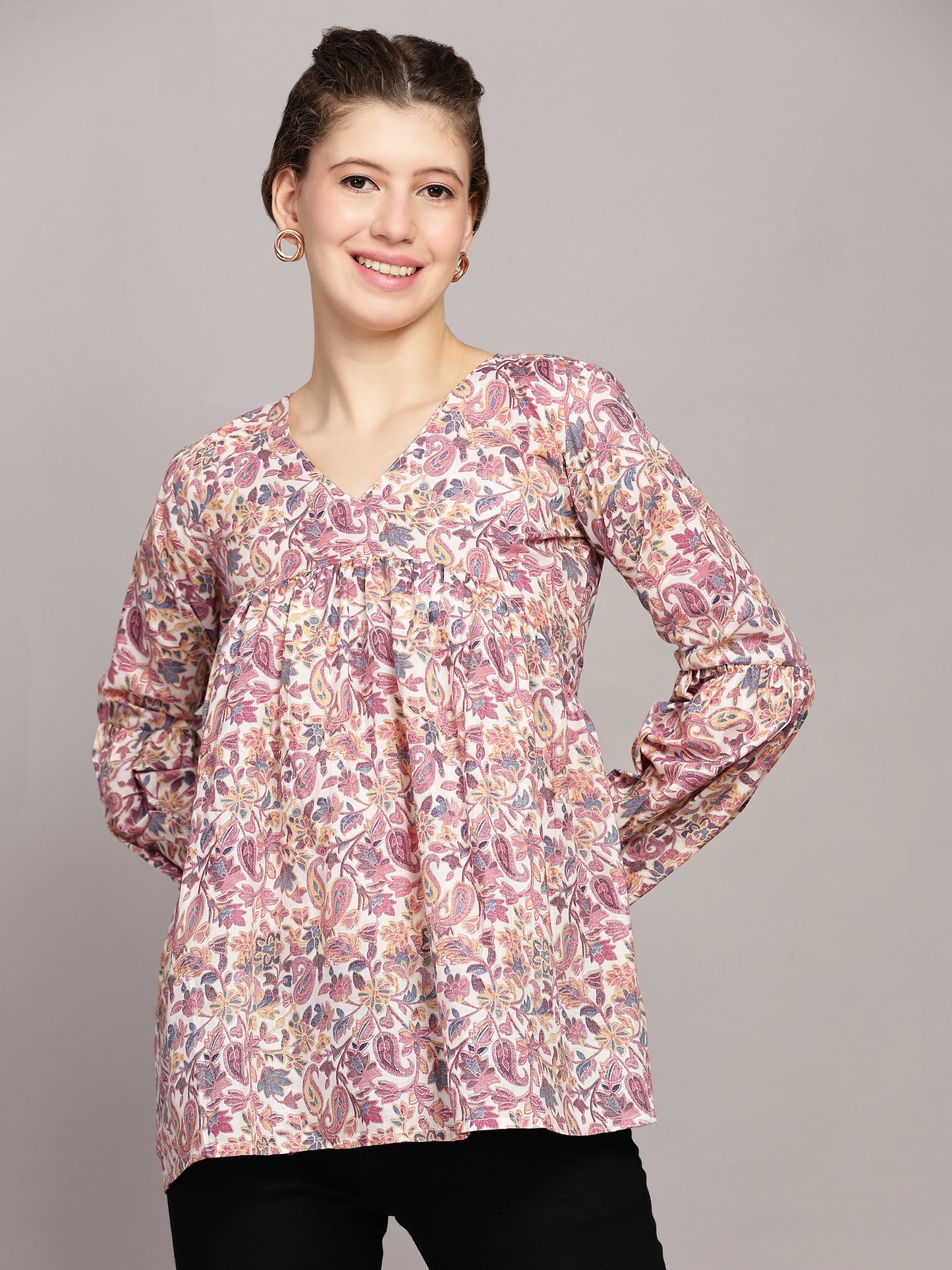 TrendRush Women V-Neck Purple Paisley Printed Top