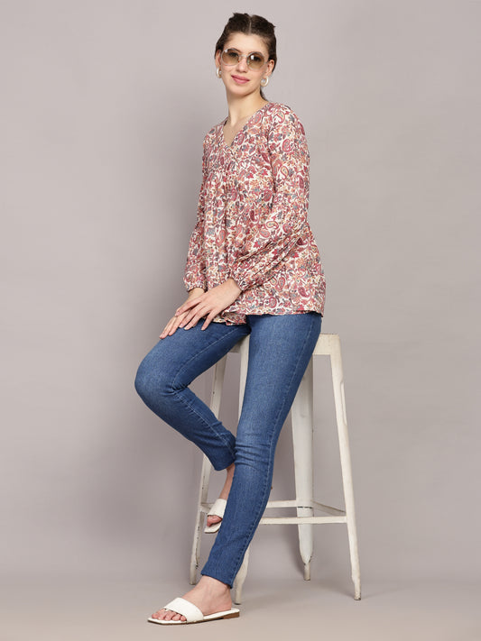 TrendRush Women V-Neck Pink Paisley Printed Top