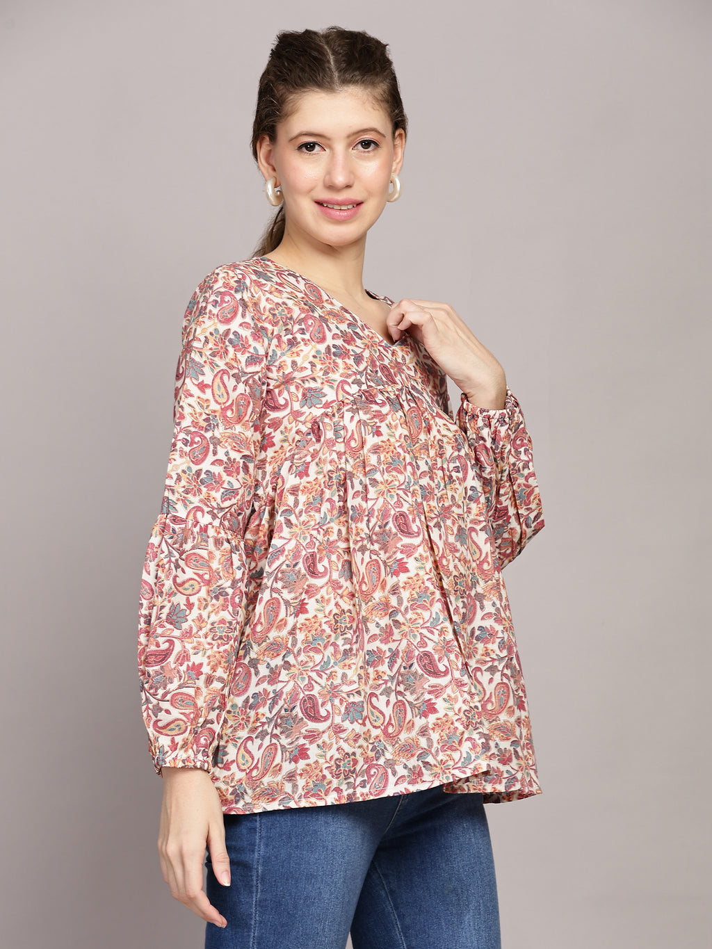 TrendRush Women V-Neck Pink Paisley Printed Top