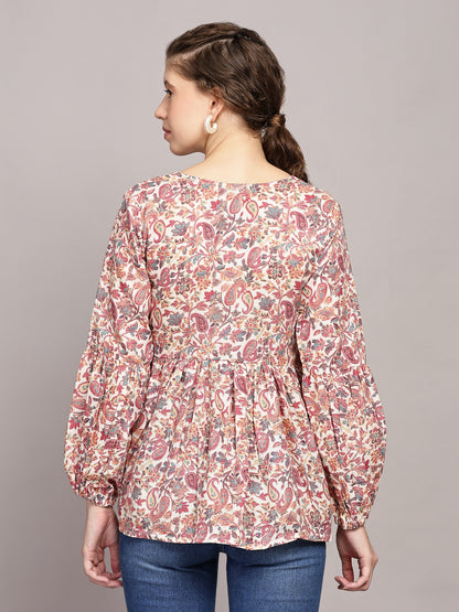 TrendRush Women V-Neck Pink Paisley Printed Top