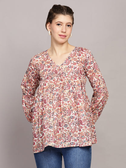 TrendRush Women V-Neck Pink Paisley Printed Top
