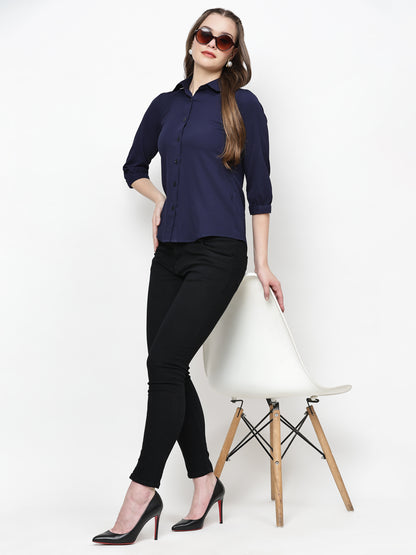 TrendRush Women Solid Blue Collared Shirt