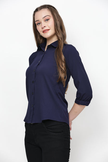 TrendRush Women Solid Blue Collared Shirt