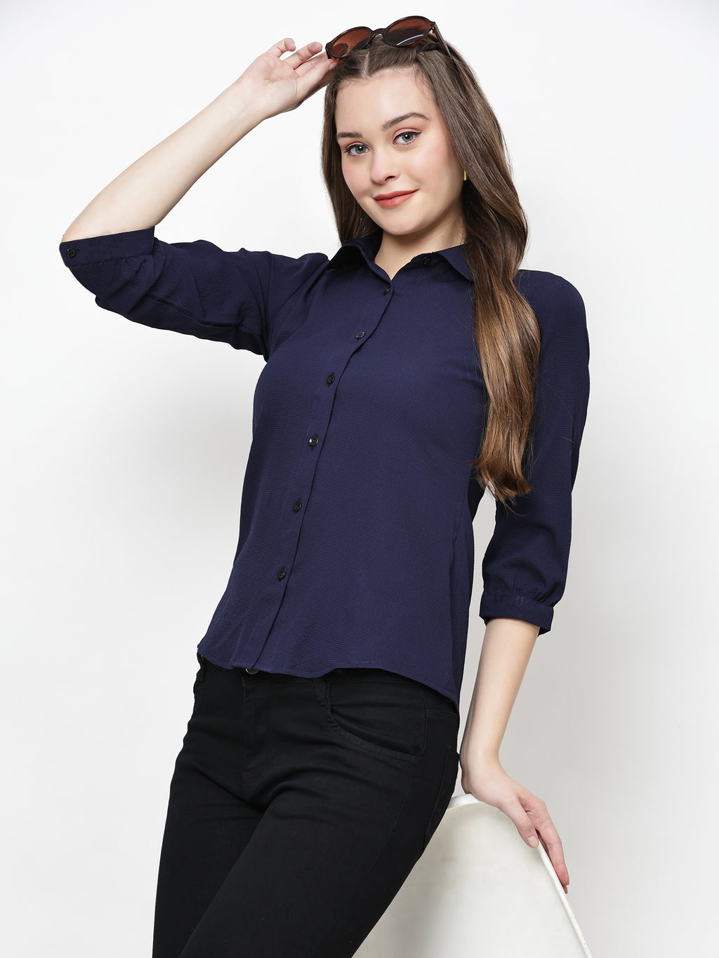 TrendRush Women Solid Blue Collared Shirt