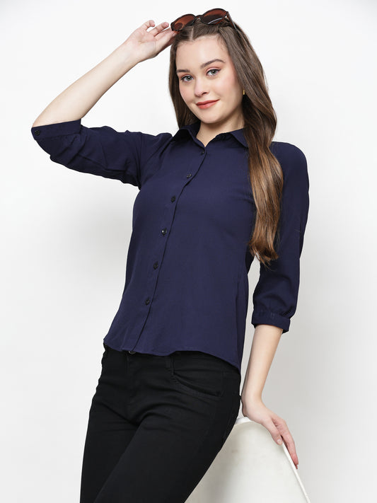 TrendRush Women Solid Blue Collared Shirt