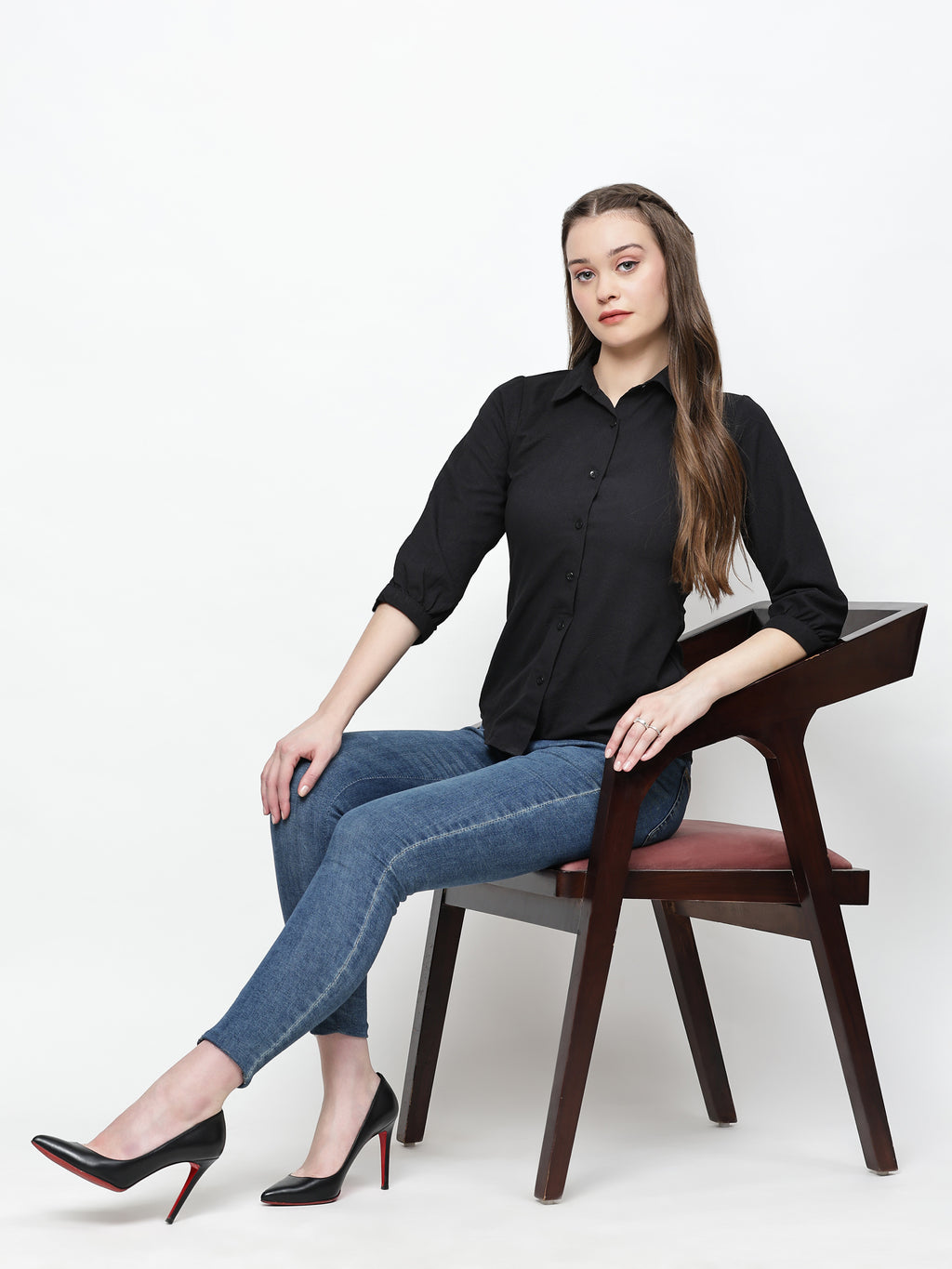 TrendRush Women Solid Black Collared Shirt