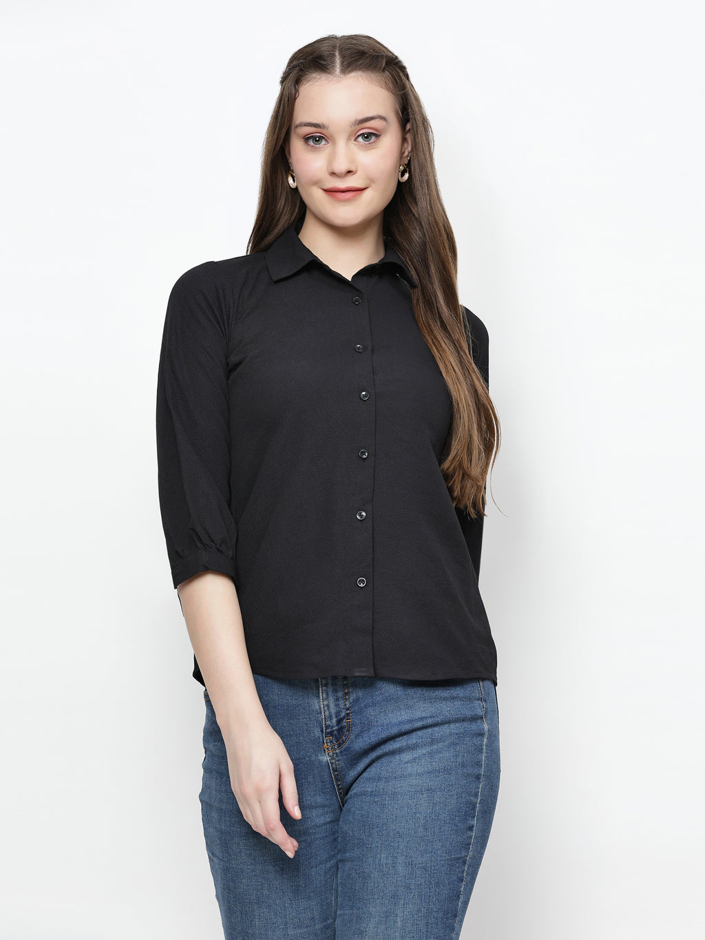 TrendRush Women Solid Black Collared Shirt