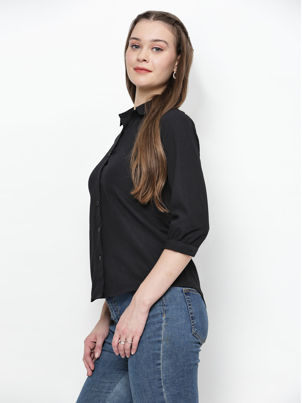 TrendRush Women Solid Black Collared Shirt