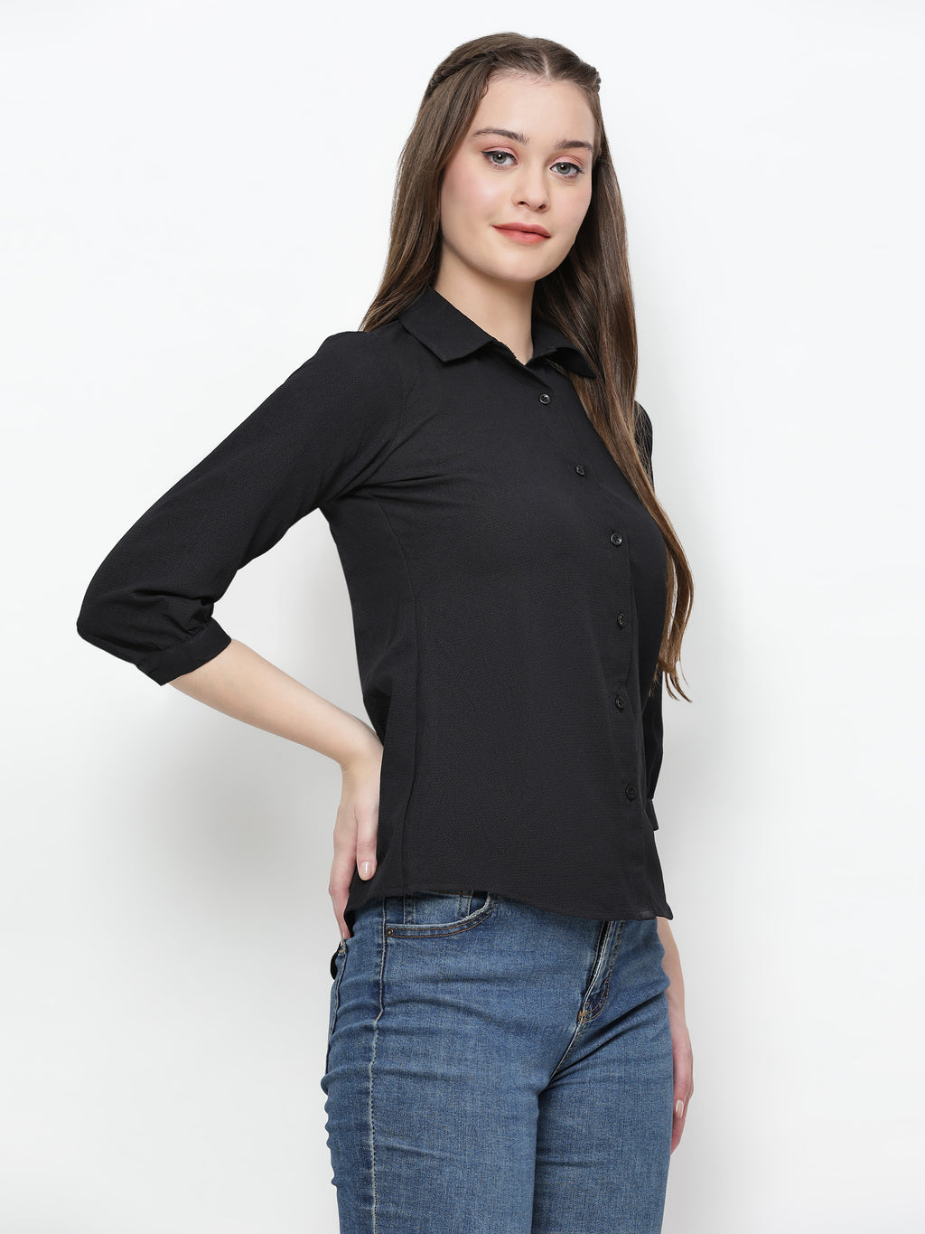 TrendRush Women Solid Black Collared Shirt