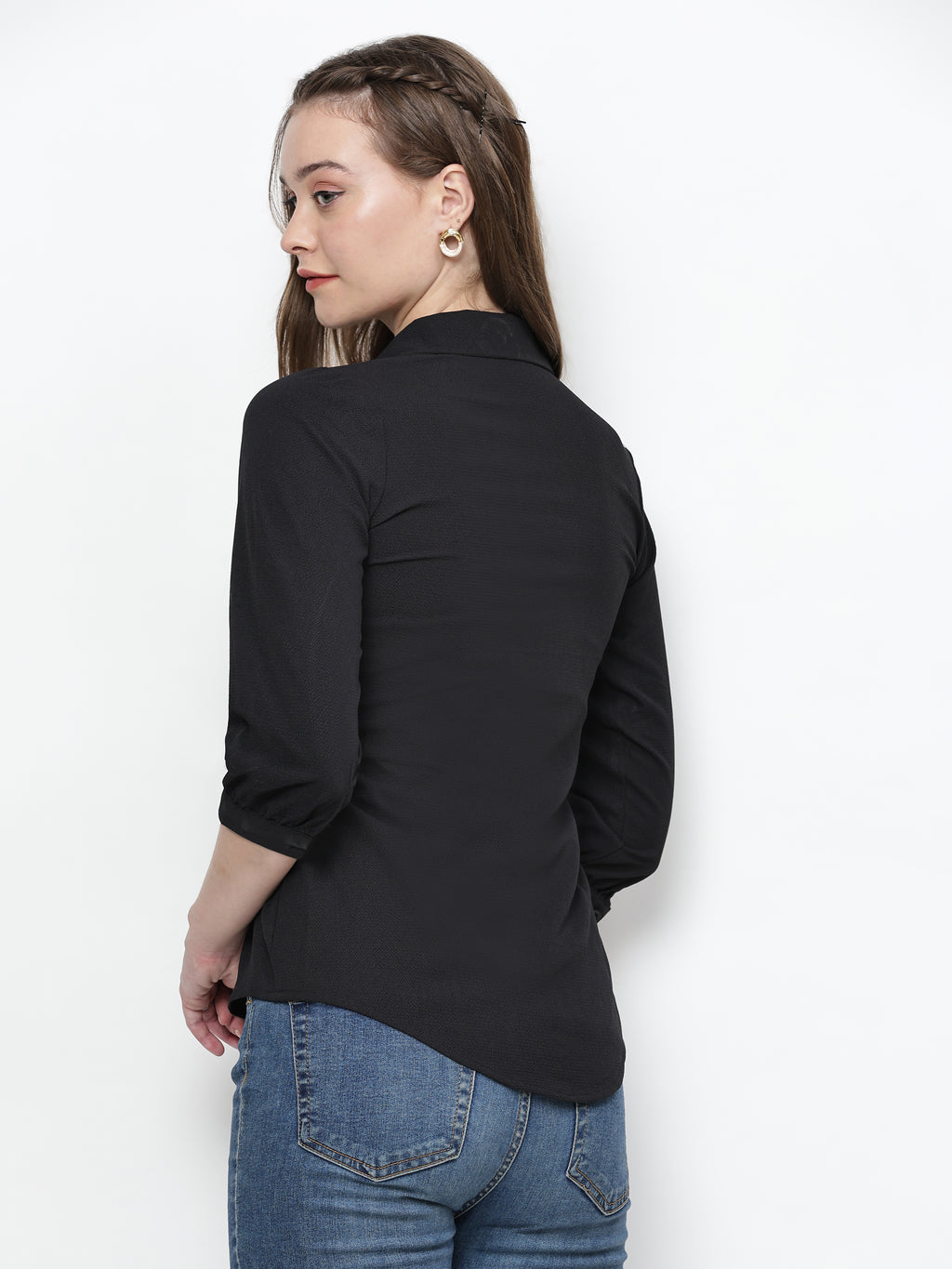 TrendRush Women Solid Black Collared Shirt