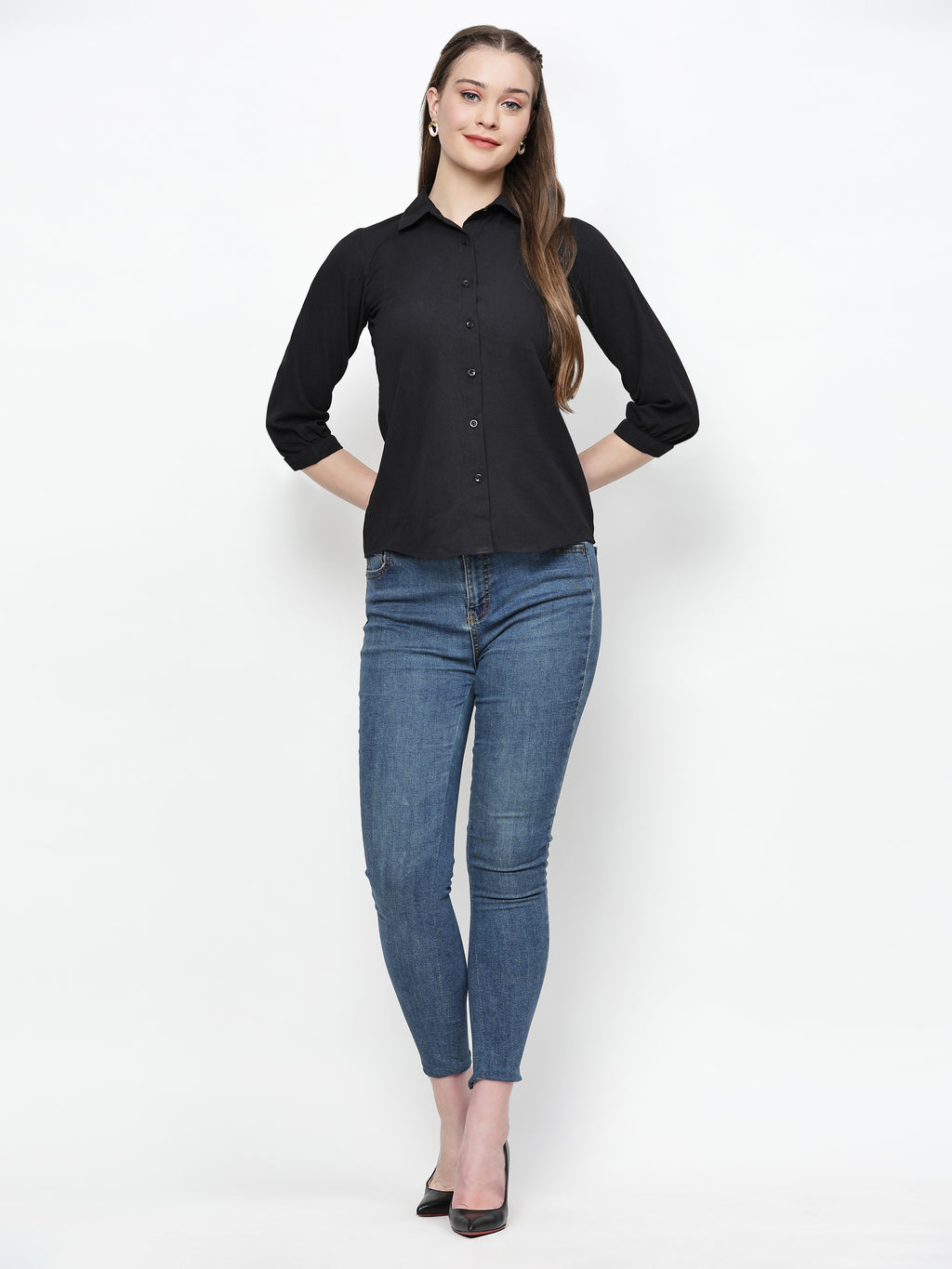 TrendRush Women Solid Black Collared Shirt