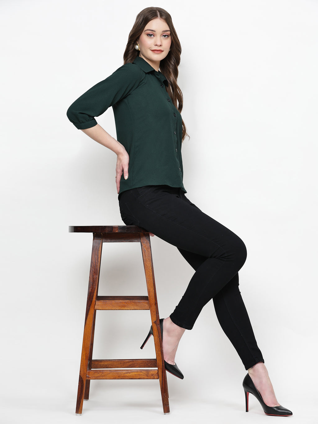 TrendRush Women Solid Green Collared Shirt