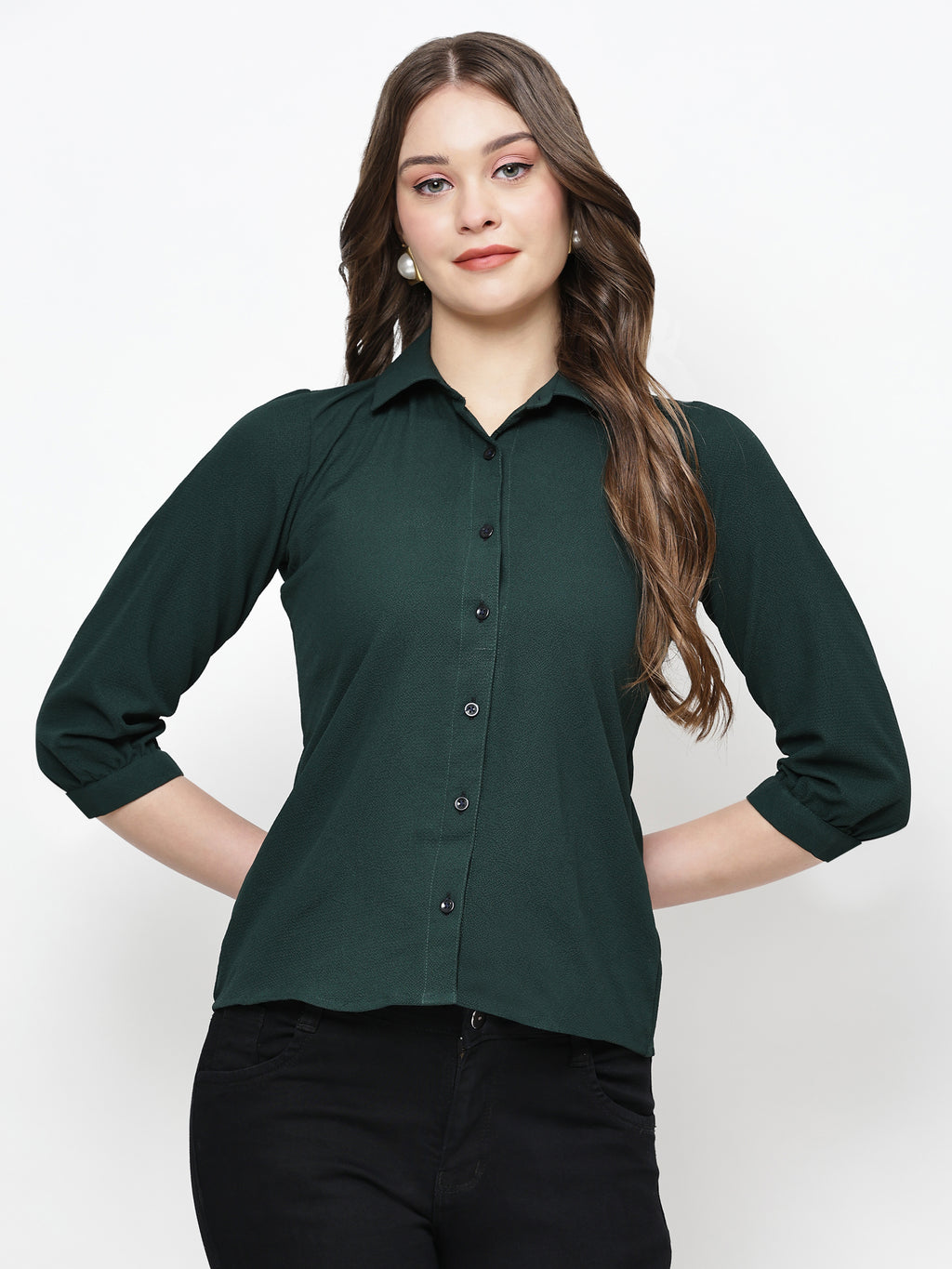 TrendRush Women Solid Green Collared Shirt