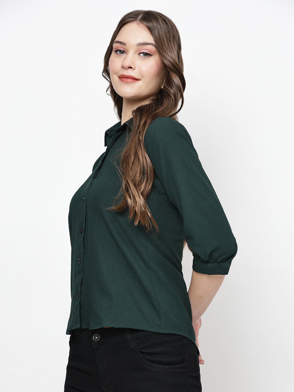 TrendRush Women Solid Green Collared Shirt
