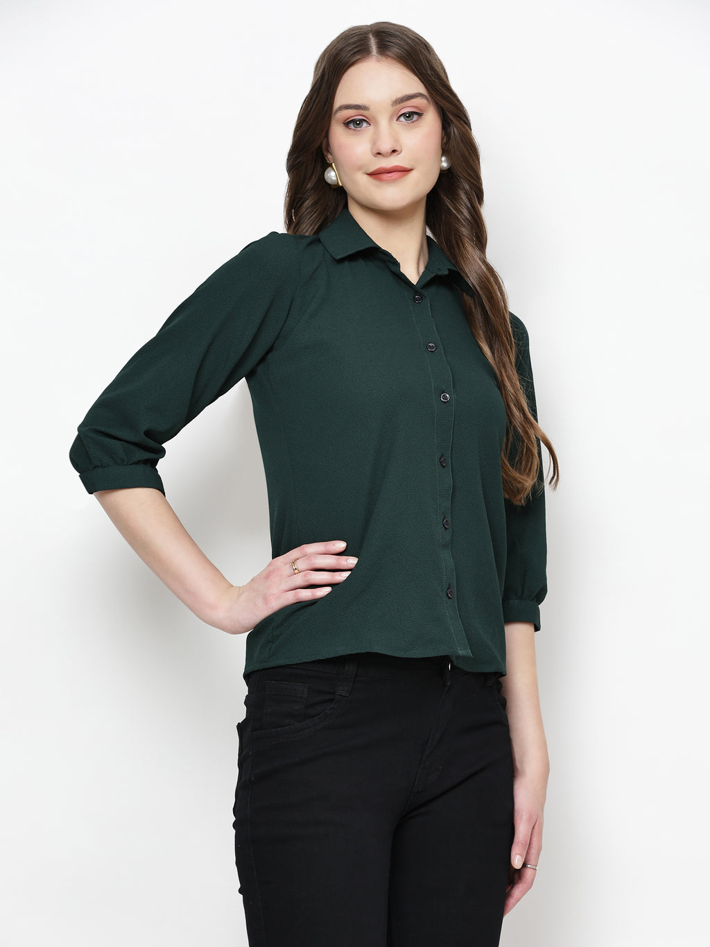 TrendRush Women Solid Green Collared Shirt