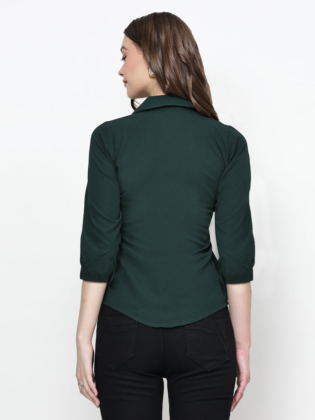 TrendRush Women Solid Green Collared Shirt