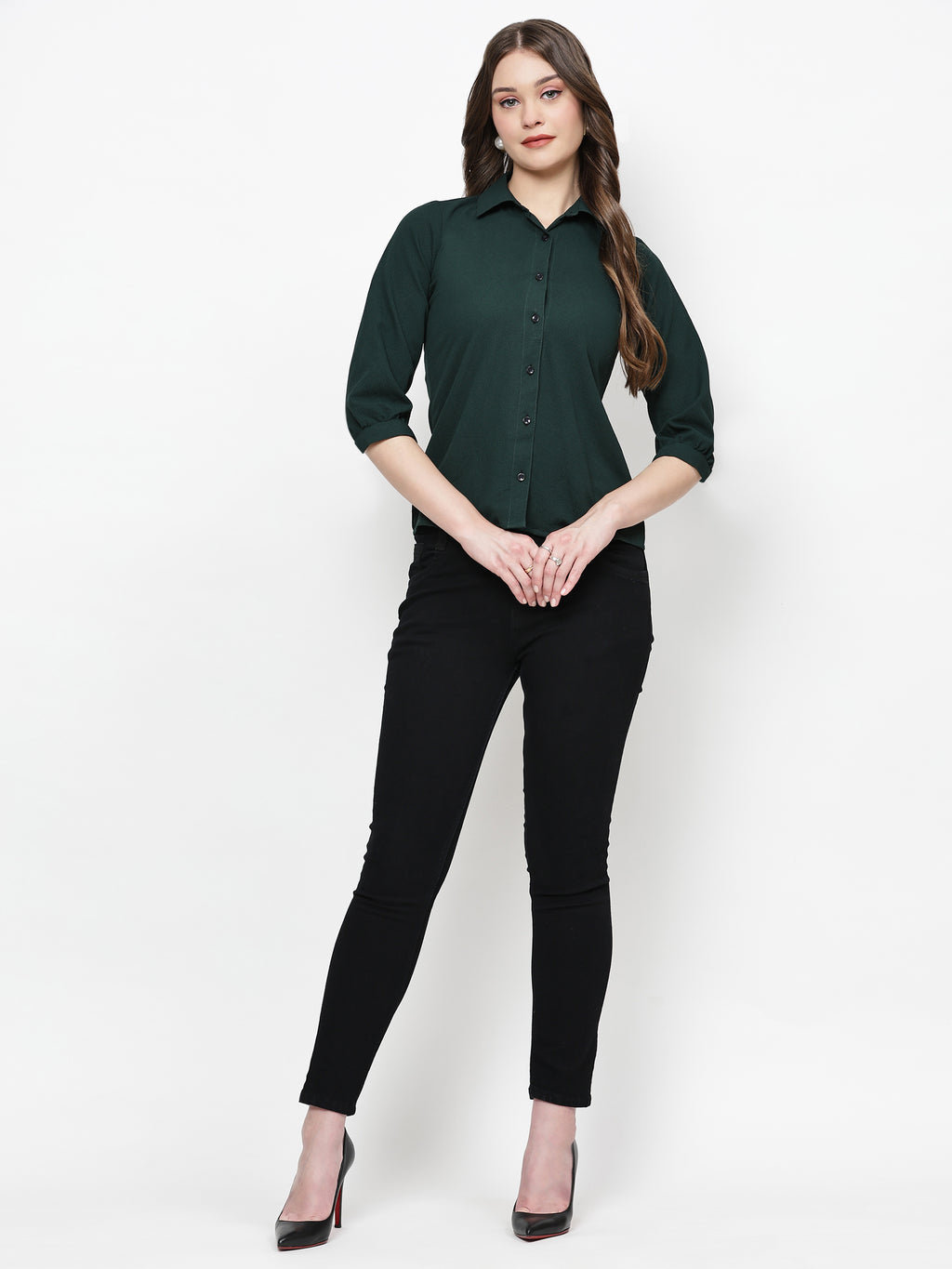 TrendRush Women Solid Green Collared Shirt