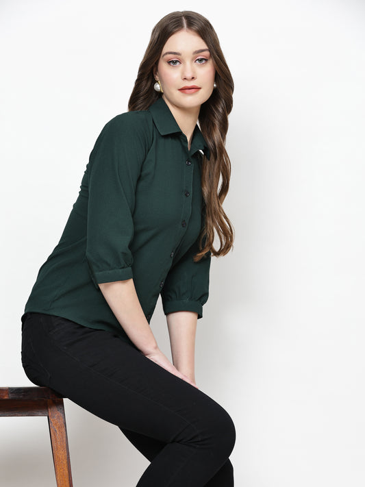 TrendRush Women Solid Green Collared Shirt