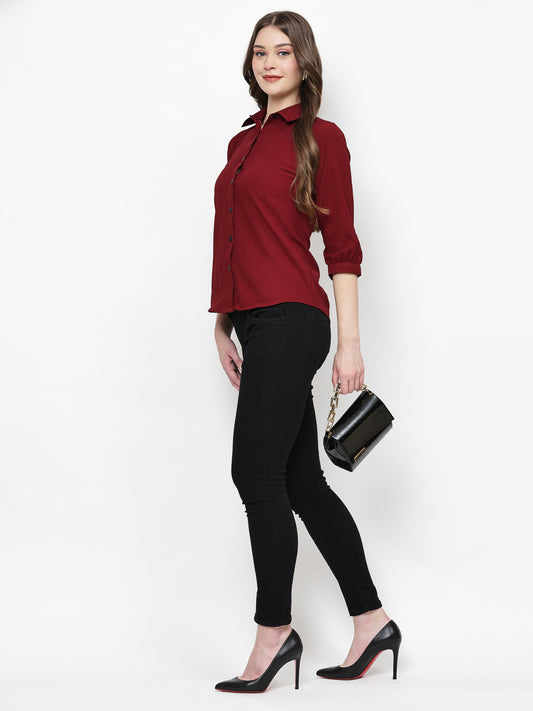 TrendRush Women Solid Maroon Collared Shirt