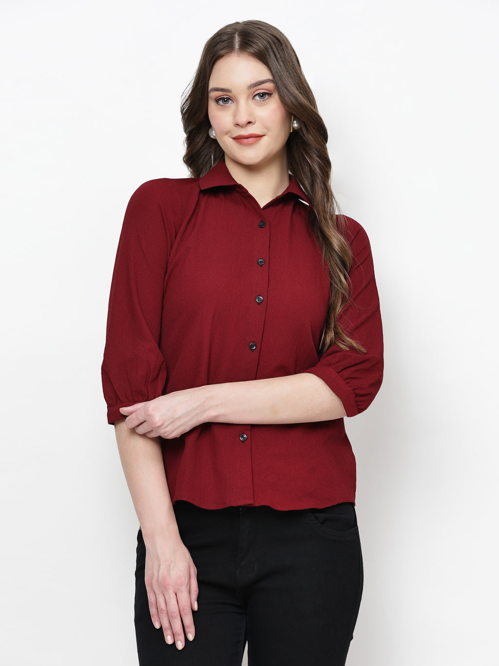 TrendRush Women Solid Maroon Collared Shirt