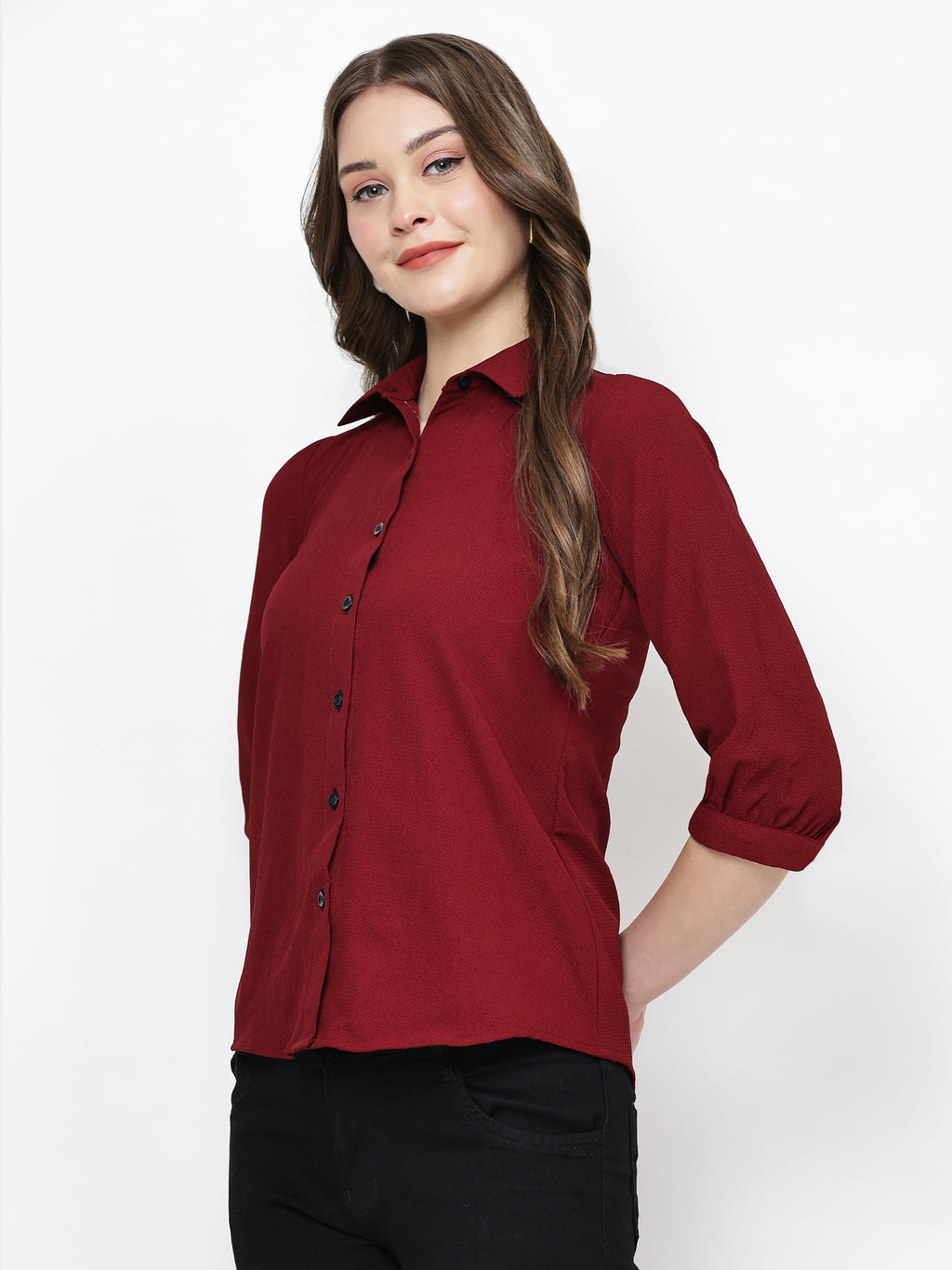 TrendRush Women Solid Maroon Collared Shirt
