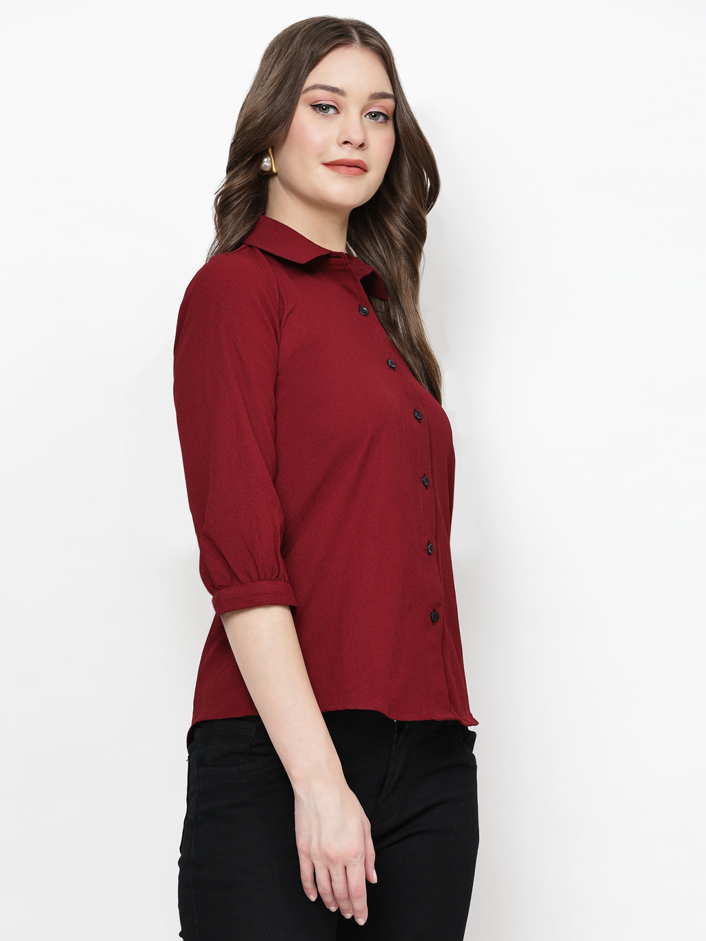 TrendRush Women Solid Maroon Collared Shirt