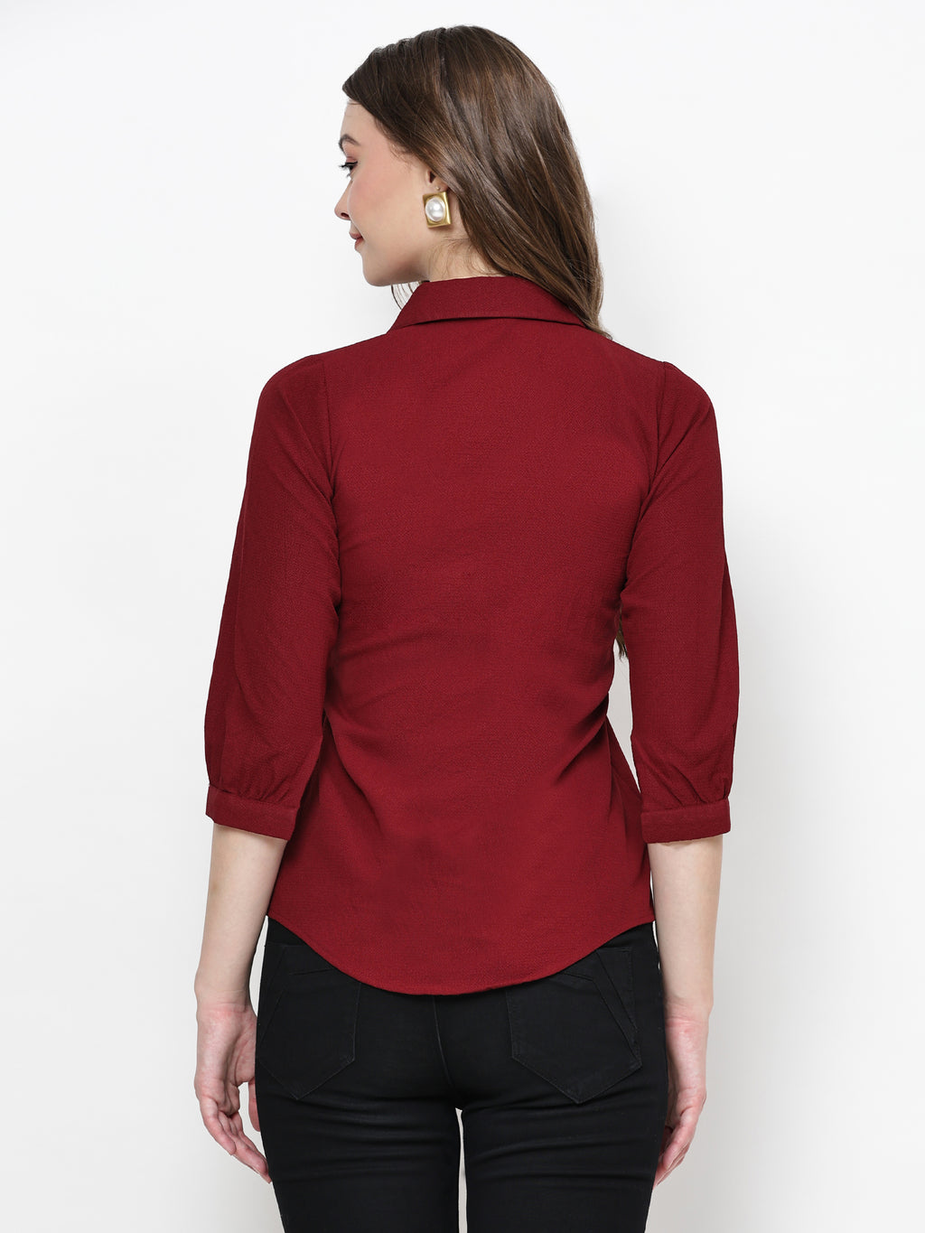 TrendRush Women Solid Maroon Collared Shirt