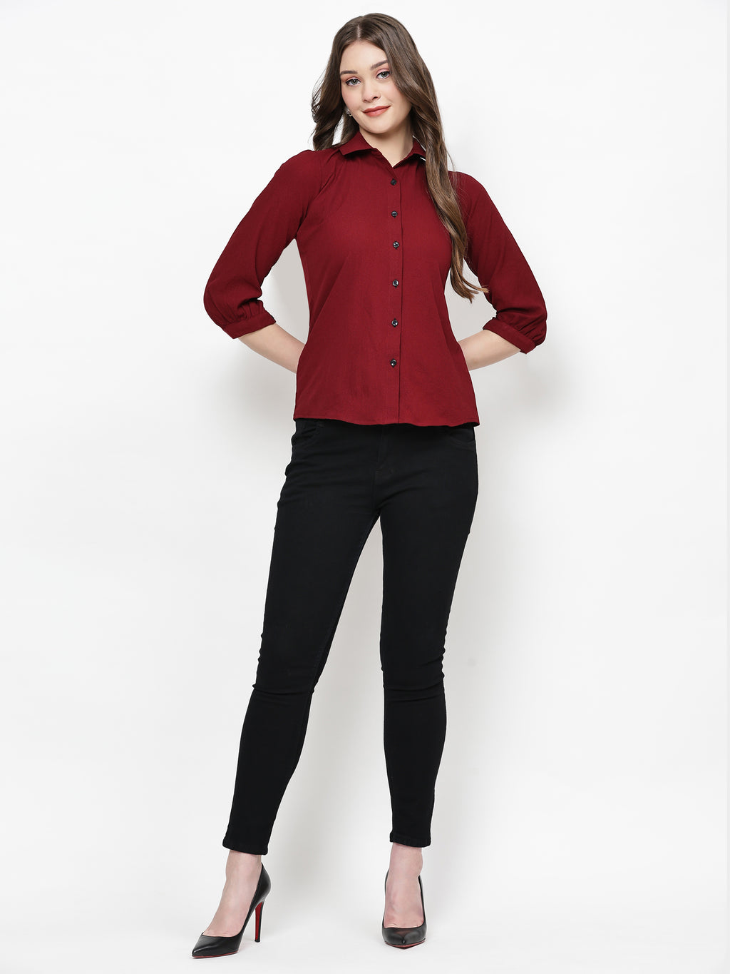 TrendRush Women Solid Maroon Collared Shirt