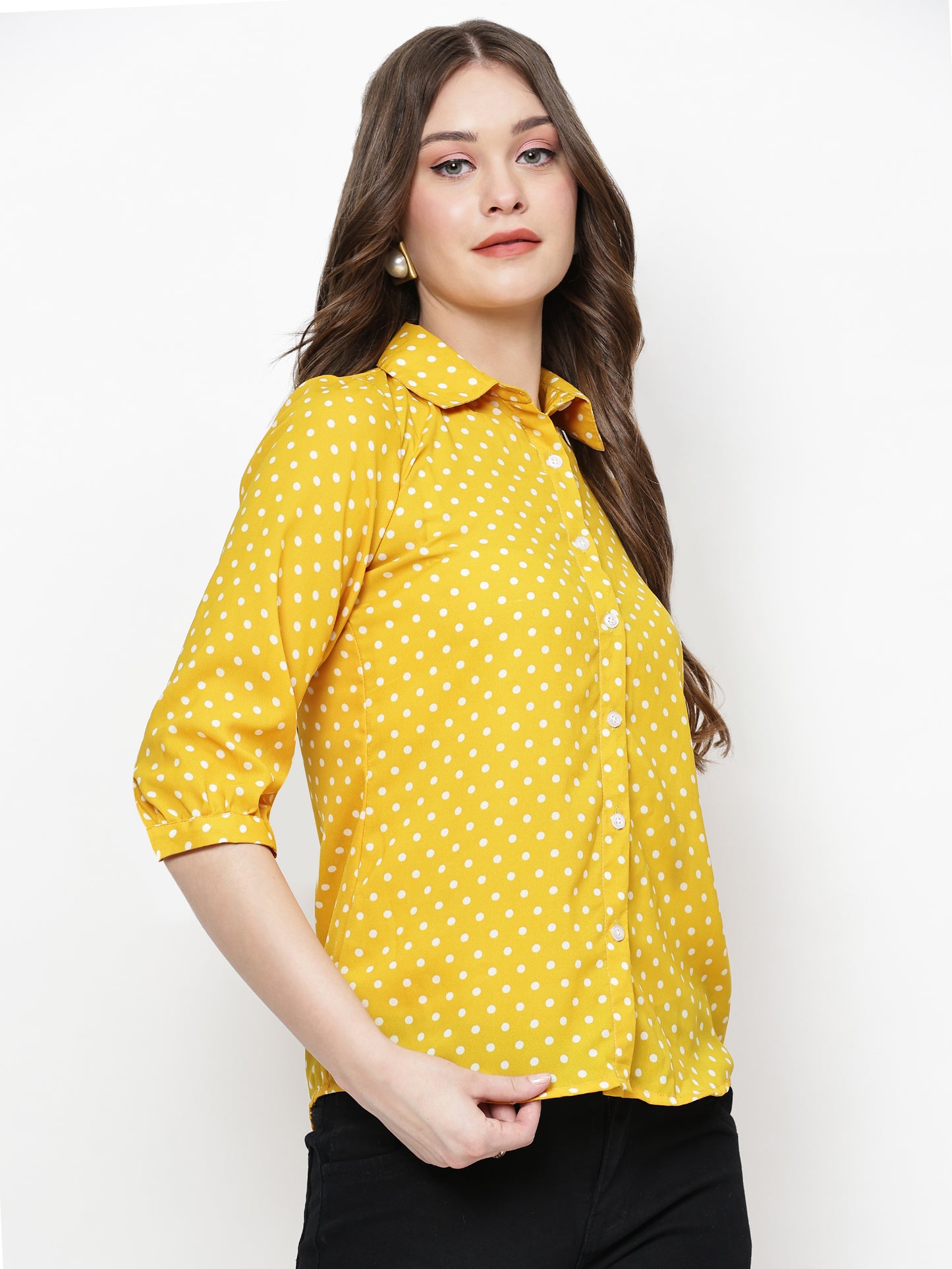 TrendRush Women Yellow Polka Printed Shirts