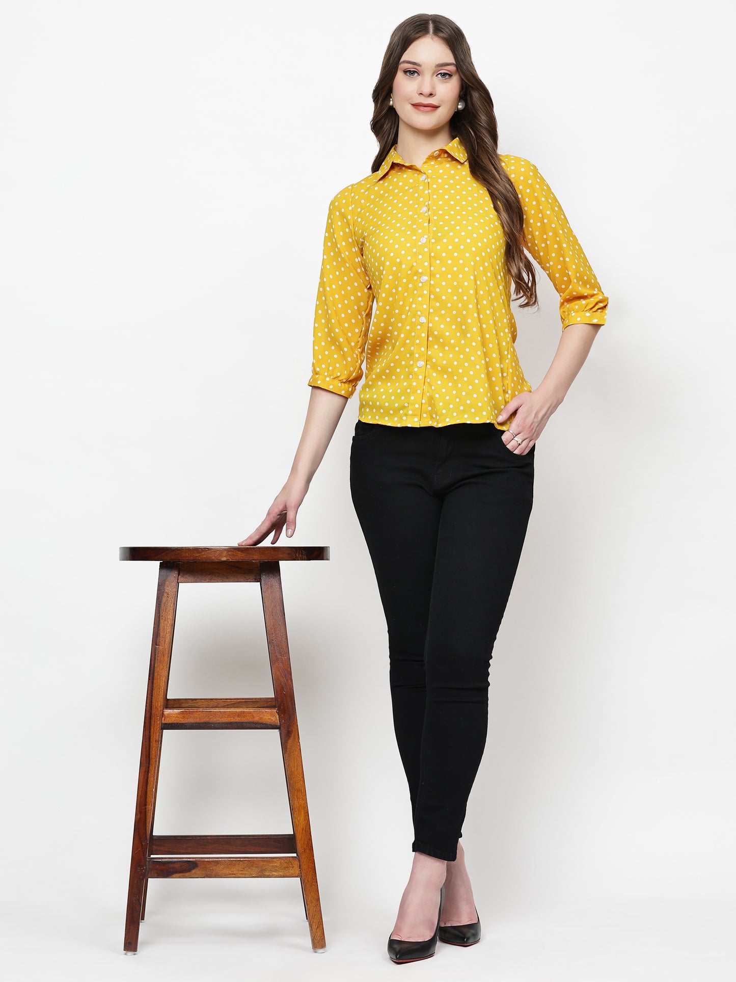 TrendRush Women Yellow Polka Printed Shirts