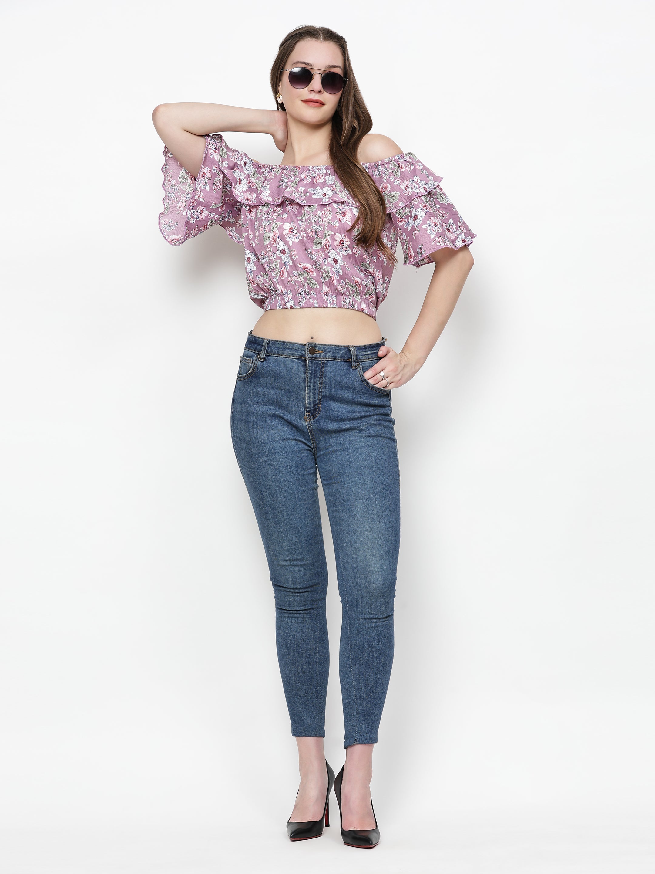 TrendRush Women Pink Floral Off-Shoulder Crop Top