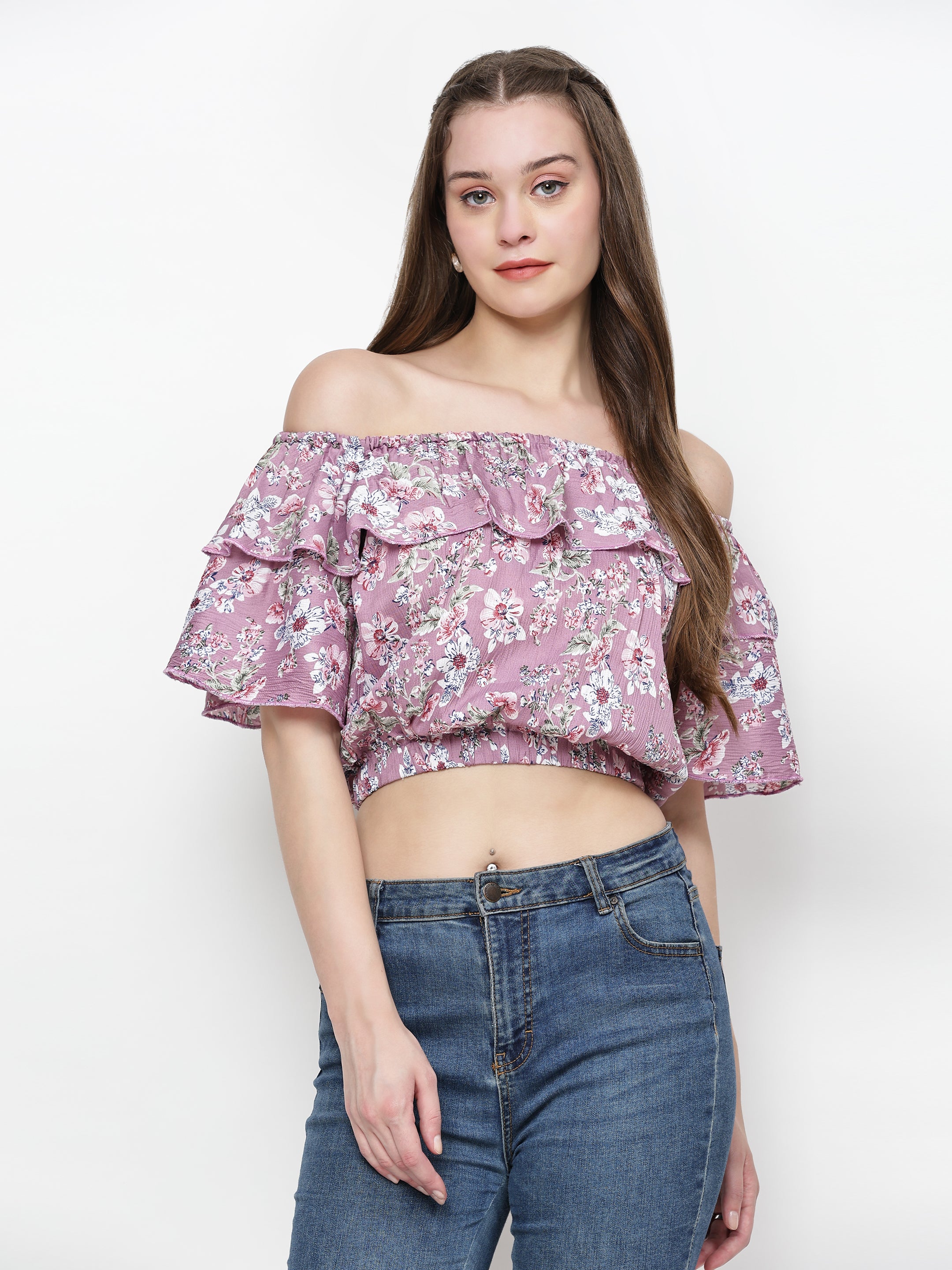 TrendRush Women Pink Floral Off-Shoulder Crop Top