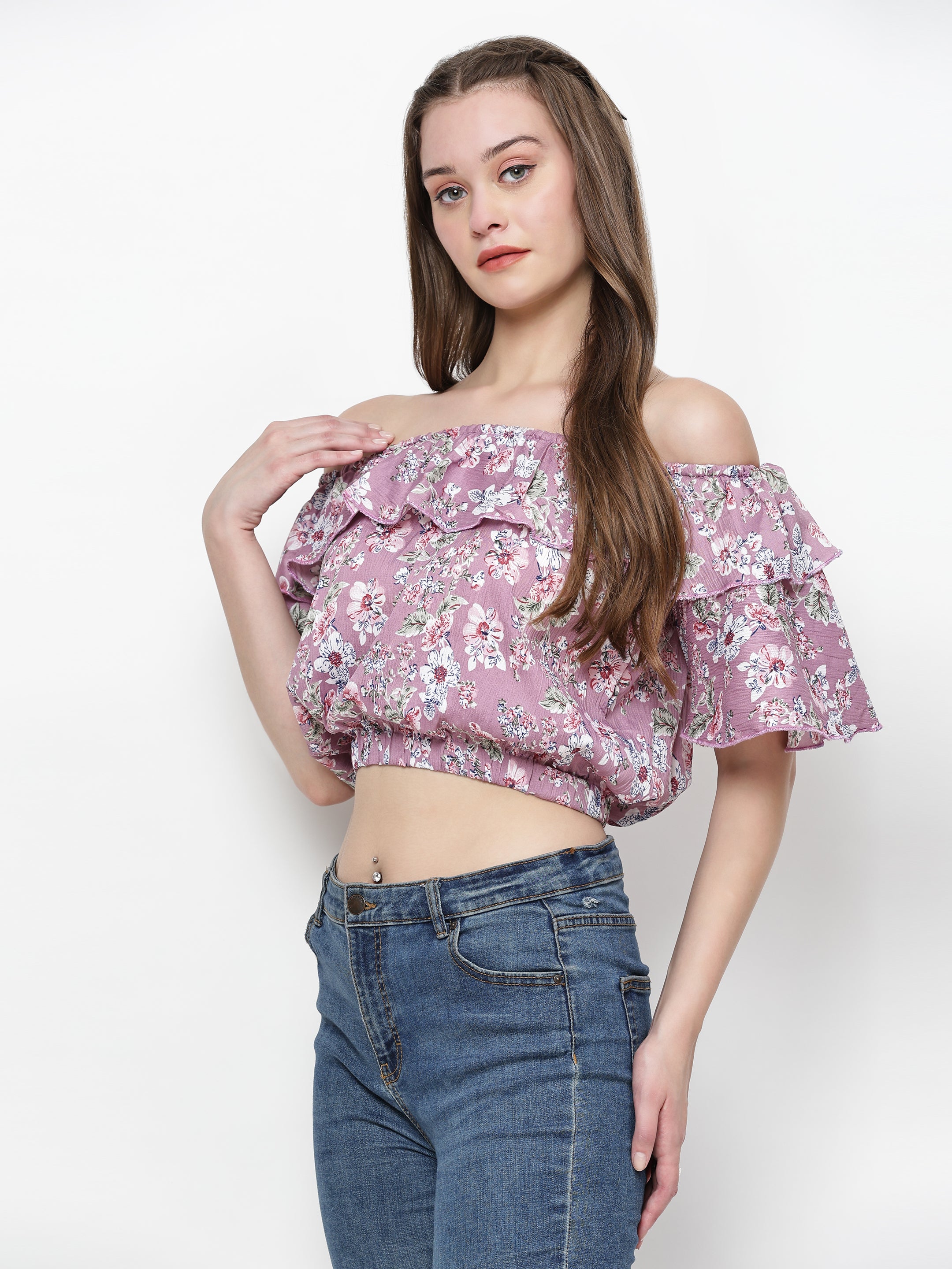 TrendRush Women Pink Floral Off-Shoulder Crop Top