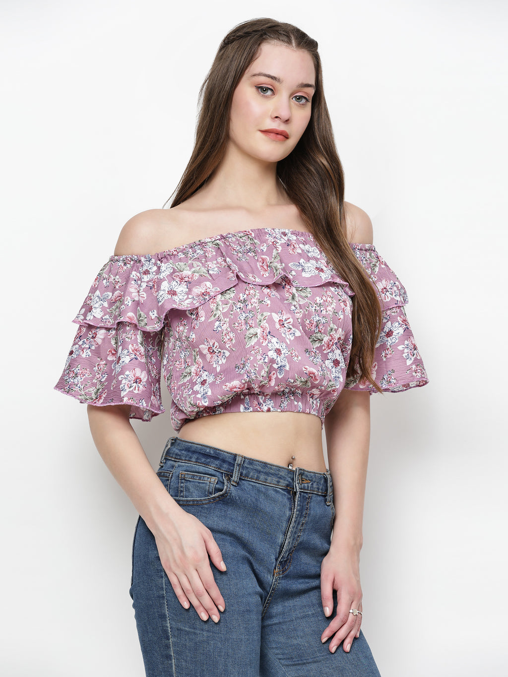 TrendRush Women Pink Floral Off-Shoulder Crop Top