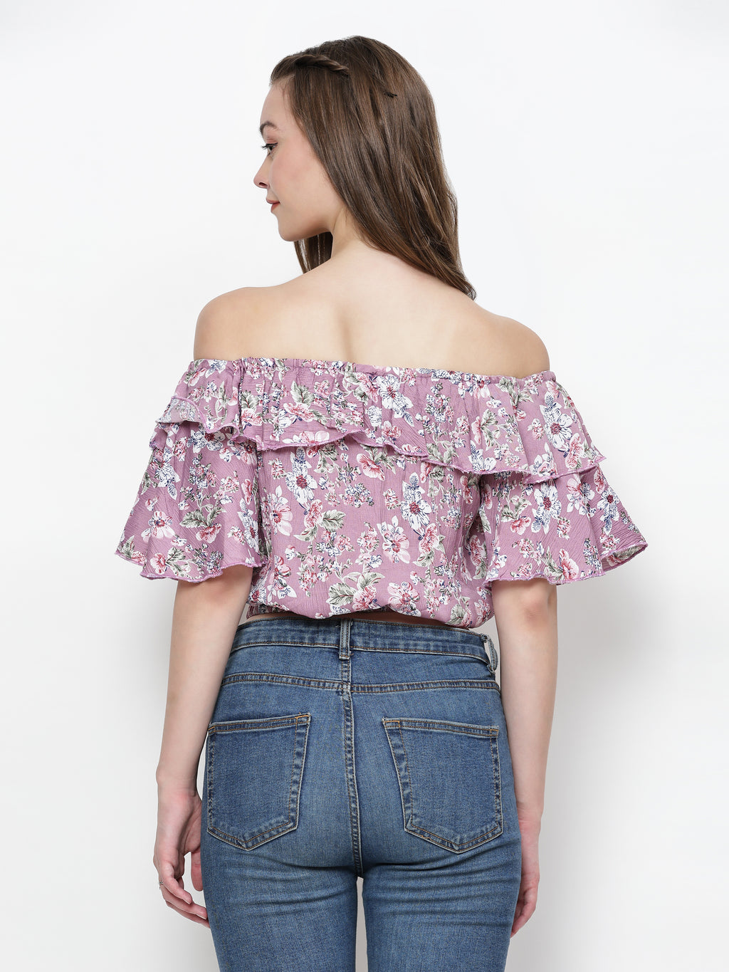 TrendRush Women Pink Floral Off-Shoulder Crop Top