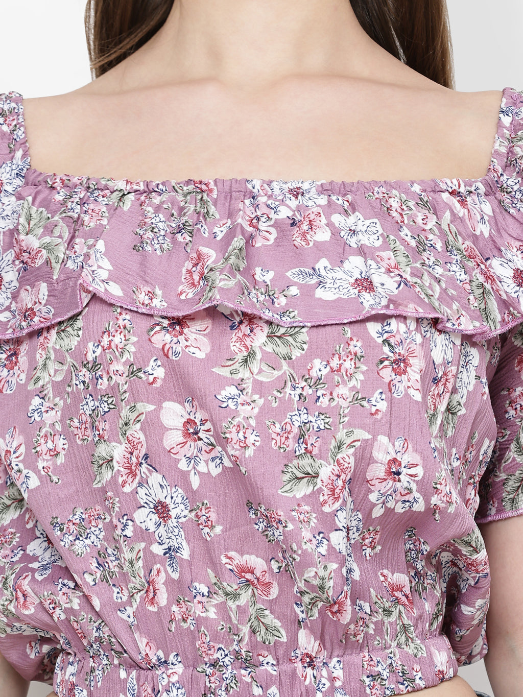 TrendRush Women Pink Floral Off-Shoulder Crop Top