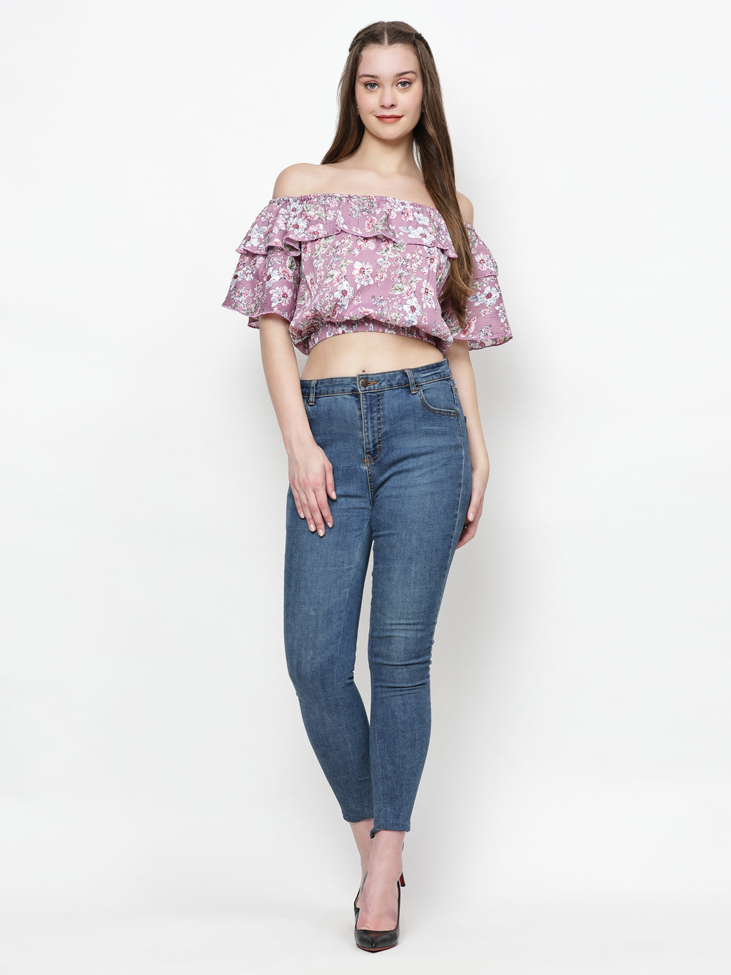 TrendRush Women Pink Floral Off-Shoulder Crop Top