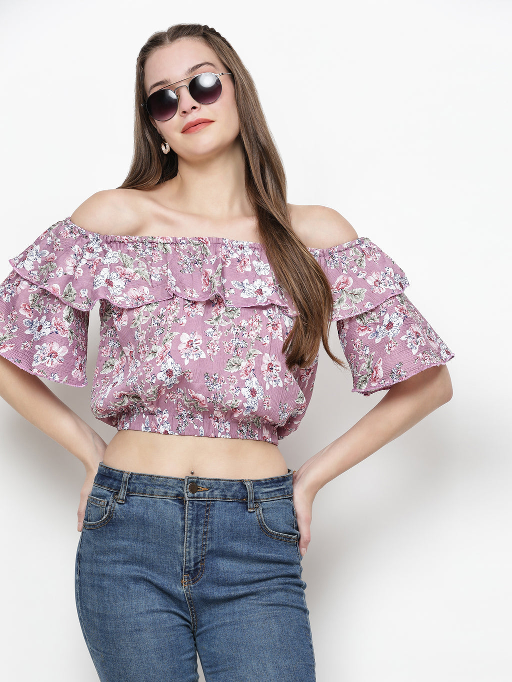 TrendRush Women Pink Floral Off-Shoulder Crop Top