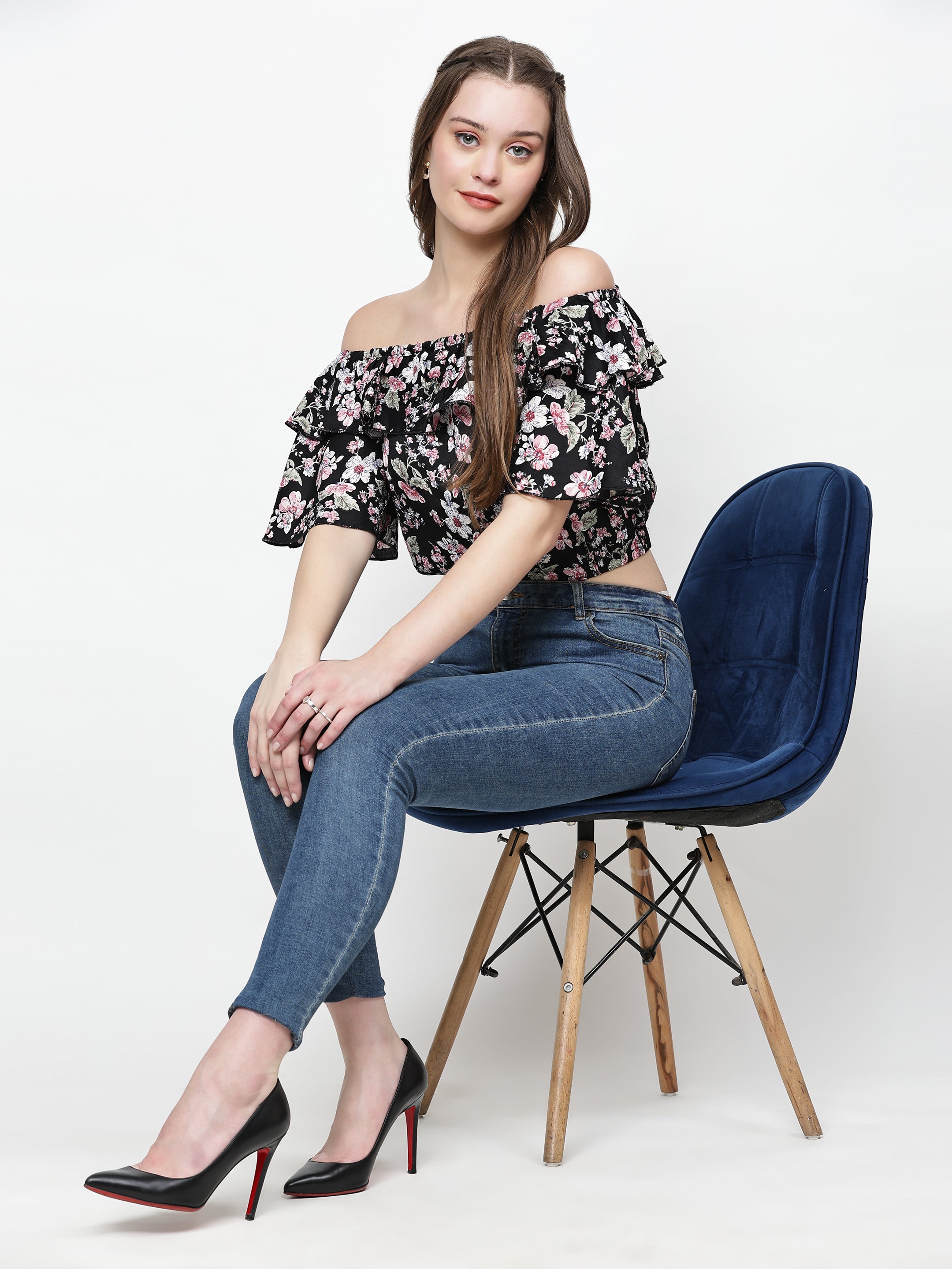 TrendRush Women Black Floral Off-Shoulder Crop Top