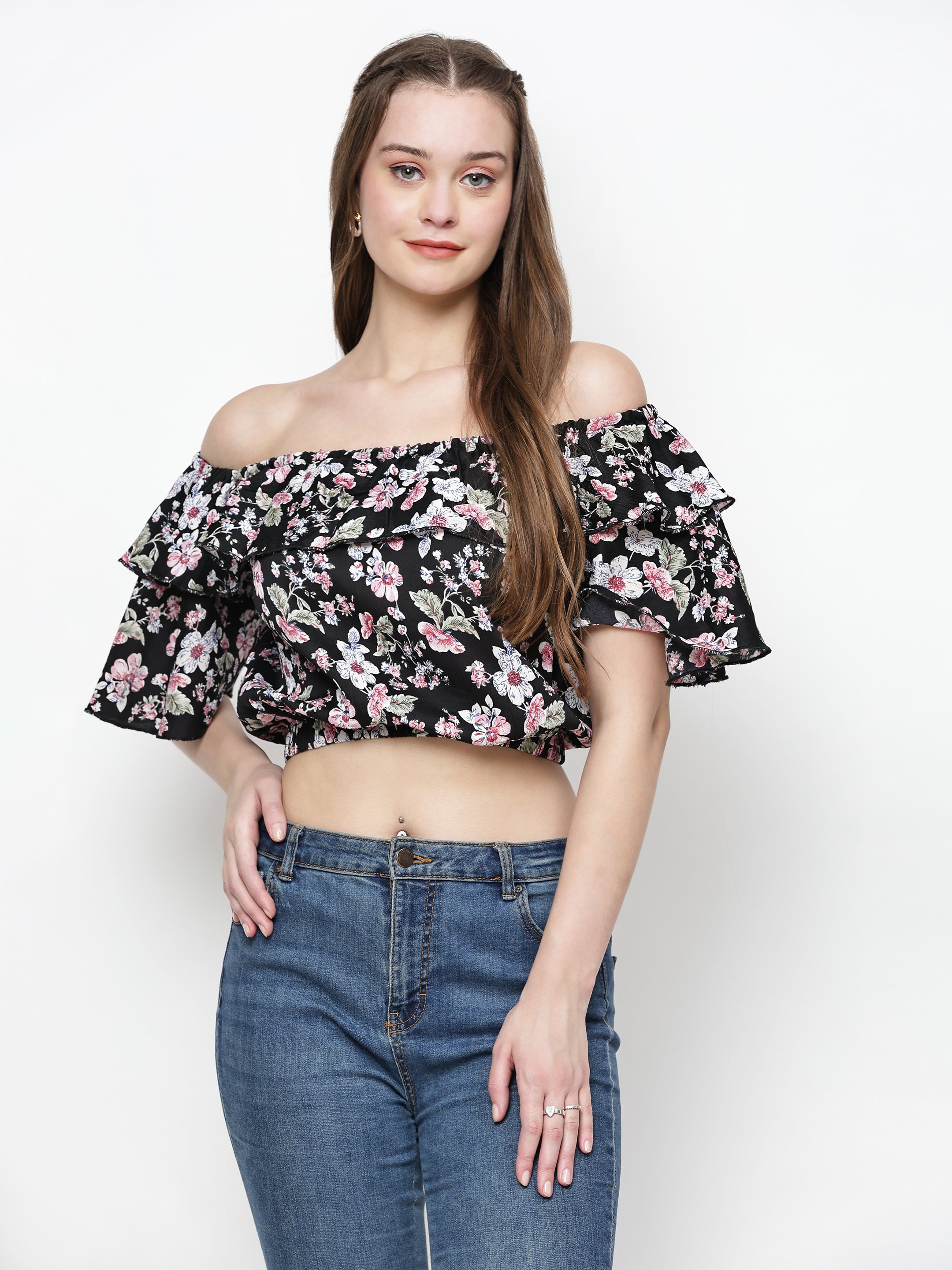 TrendRush Women Black Floral Off-Shoulder Crop Top