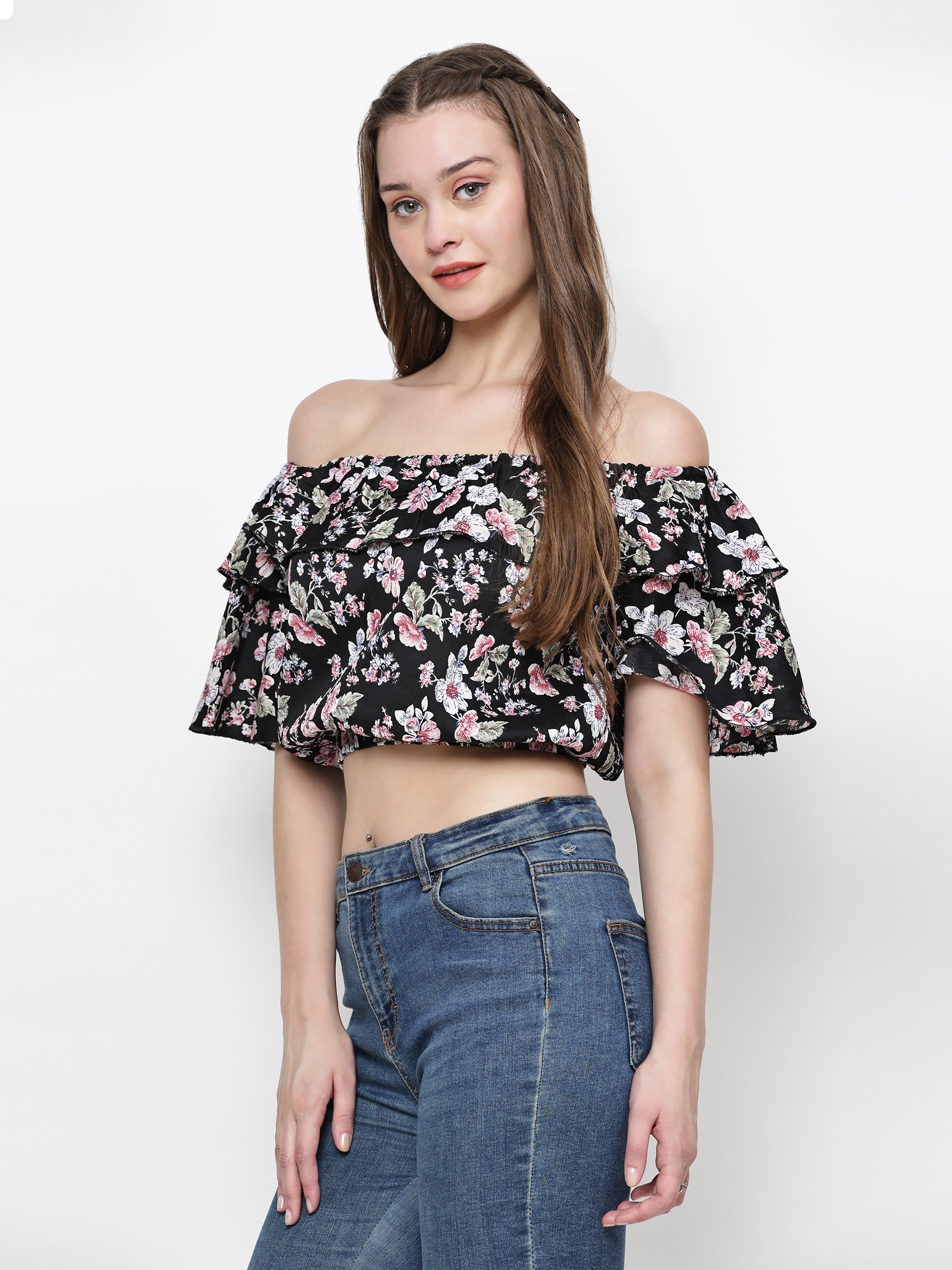 TrendRush Women Black Floral Off-Shoulder Crop Top