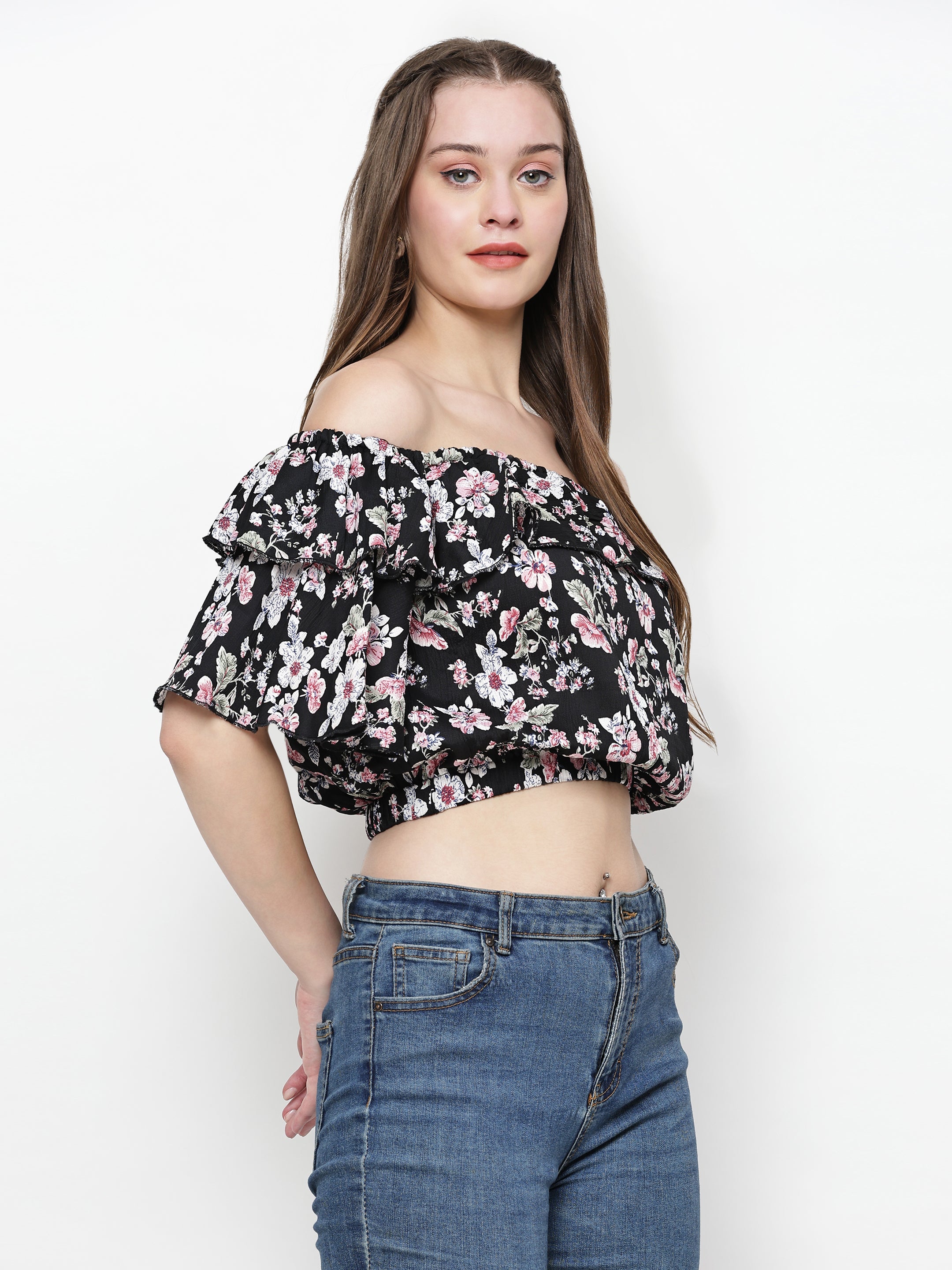 TrendRush Women Black Floral Off-Shoulder Crop Top