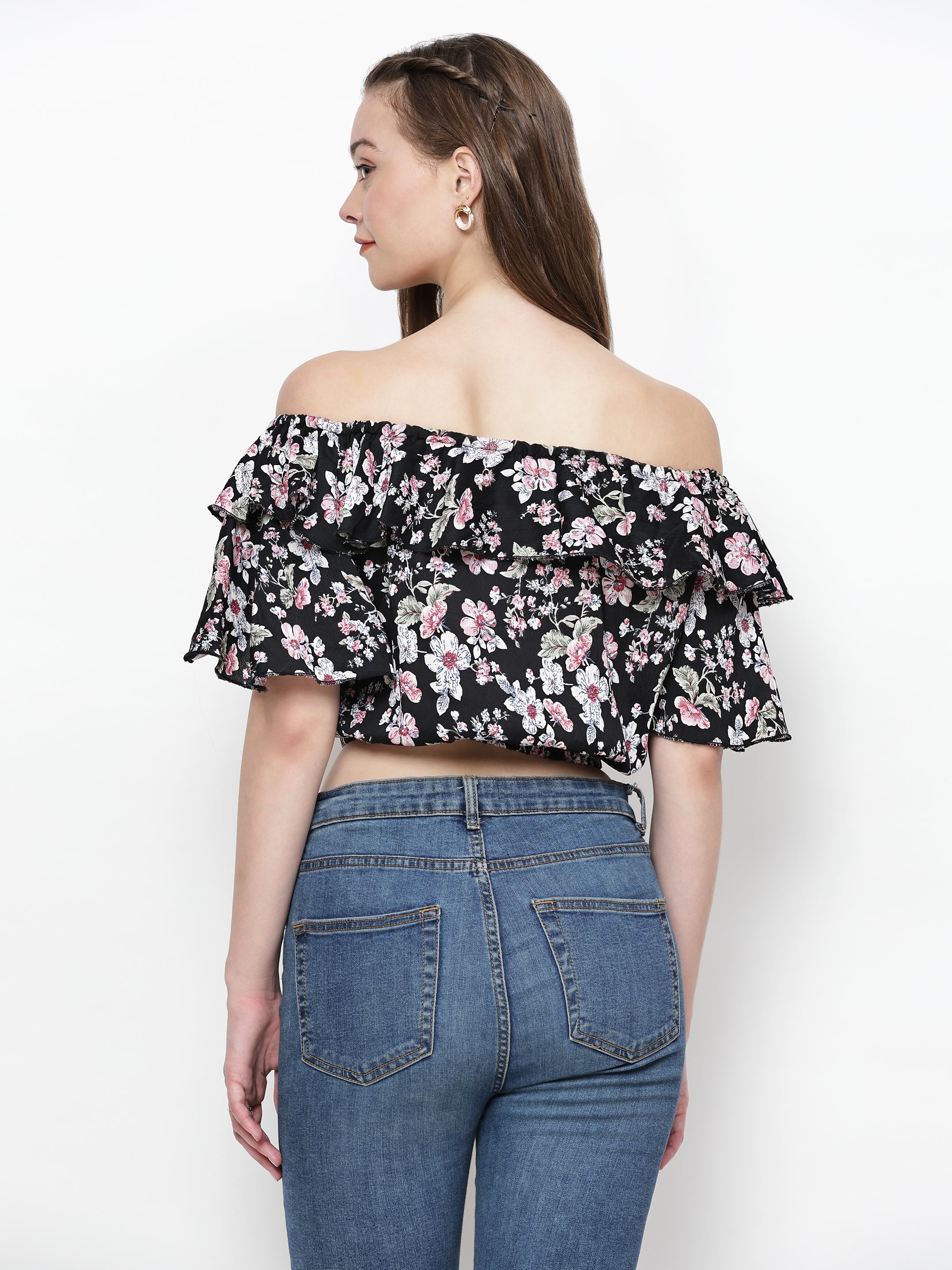 TrendRush Women Black Floral Off-Shoulder Crop Top