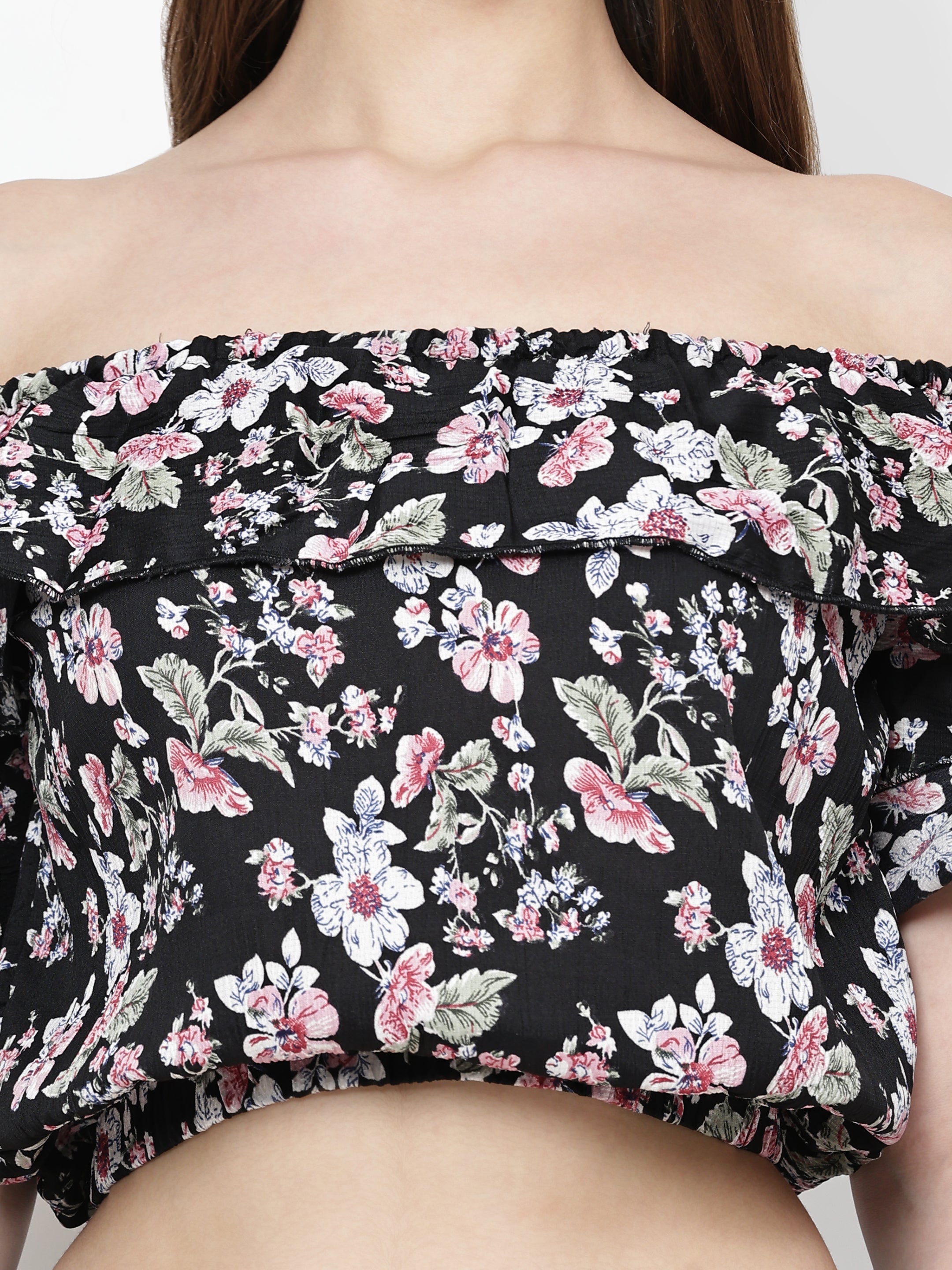 TrendRush Women Black Floral Off-Shoulder Crop Top