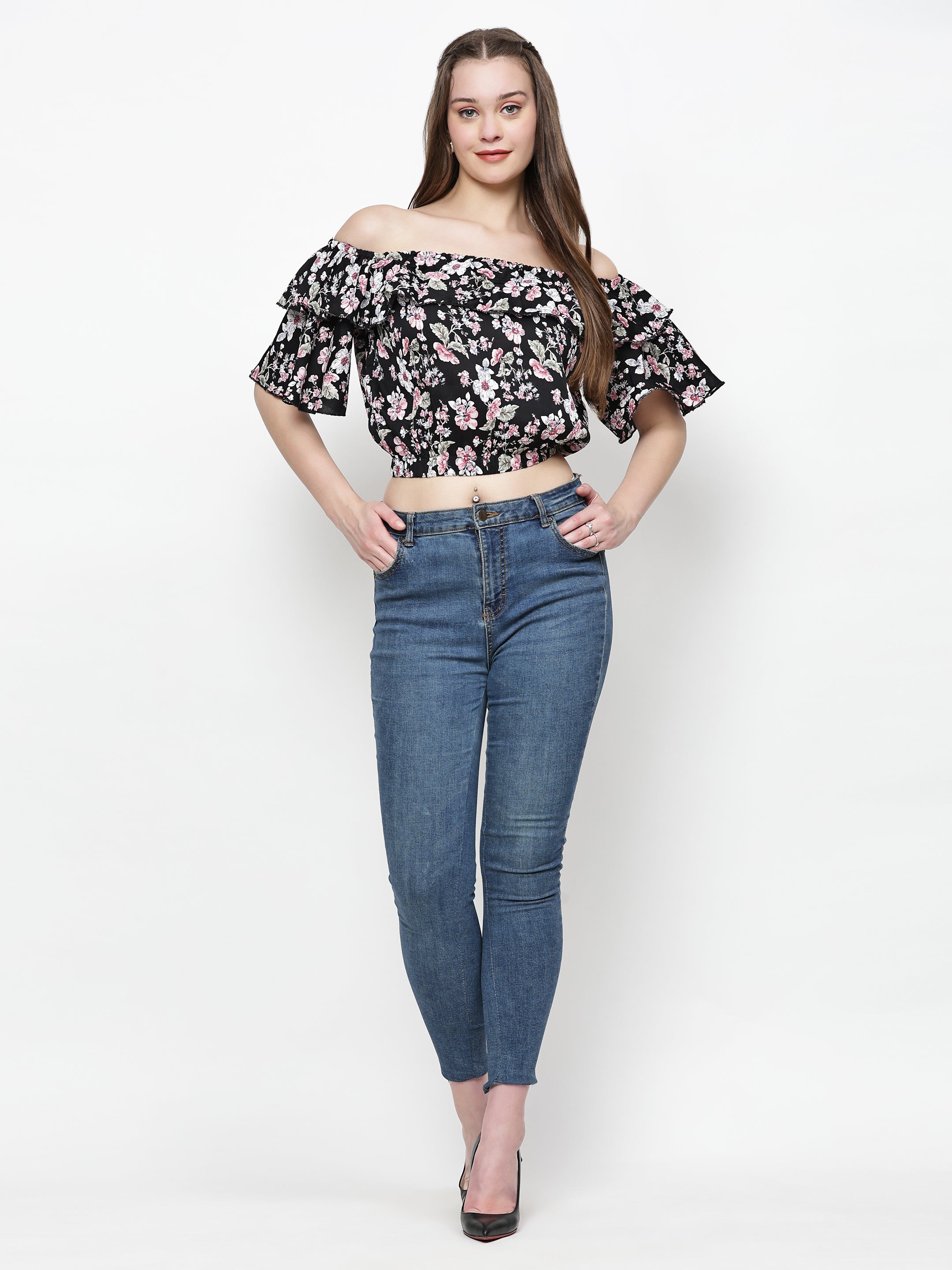 TrendRush Women Black Floral Off-Shoulder Crop Top